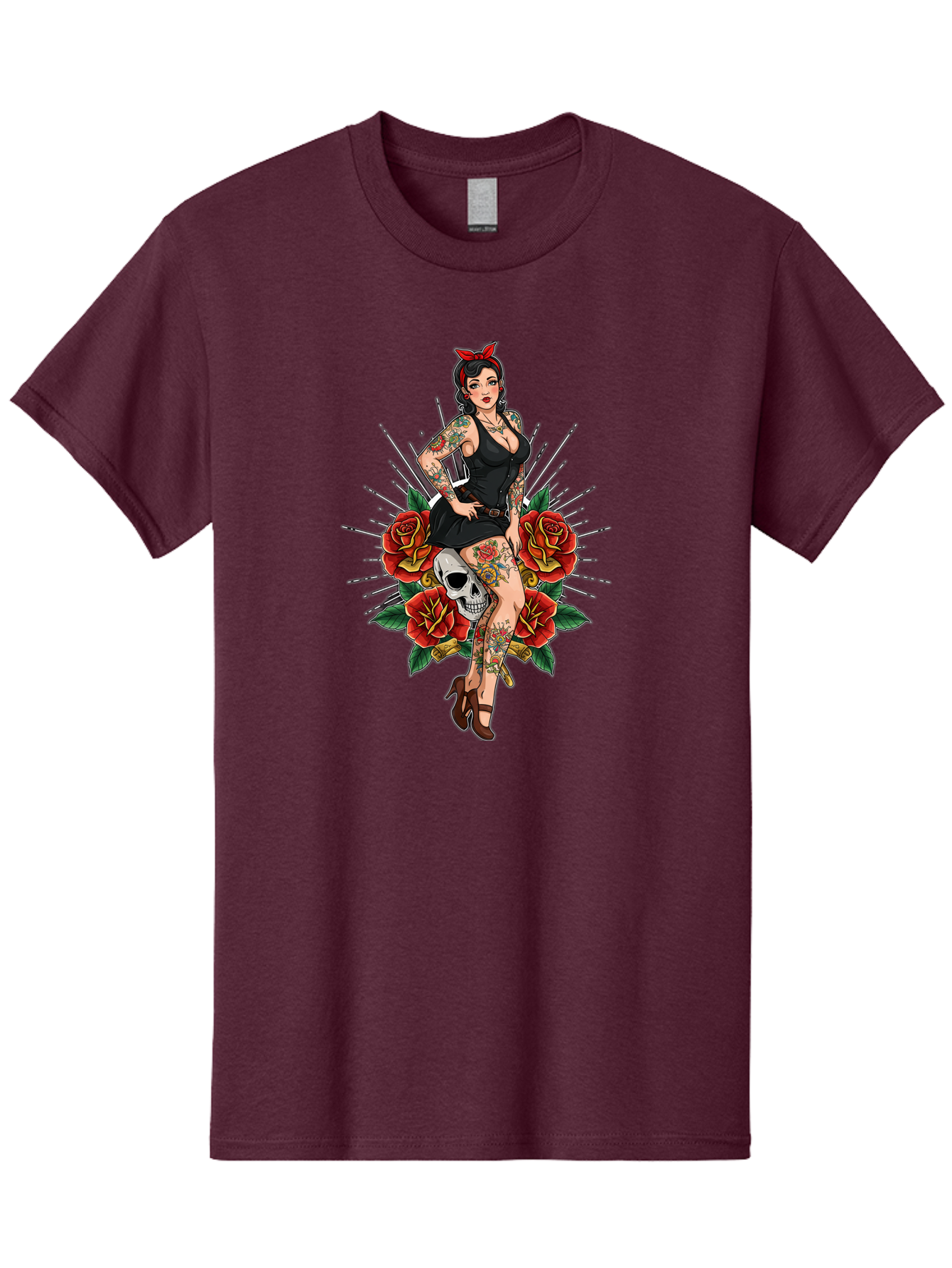 Pin-Up-Girl-With-Skull-And-Roses Men'S Graphic Tee, 100% Cotton, Comfortable Casual Summer Wear, Machine Washable, Pinup Girl, Tattoo Art, Red Roses, Skull, Daggers, Sexy Pose, Pin-Up Style, Vintage-Inspired, Bold Graphics, Feminine Charm, Bad418 9