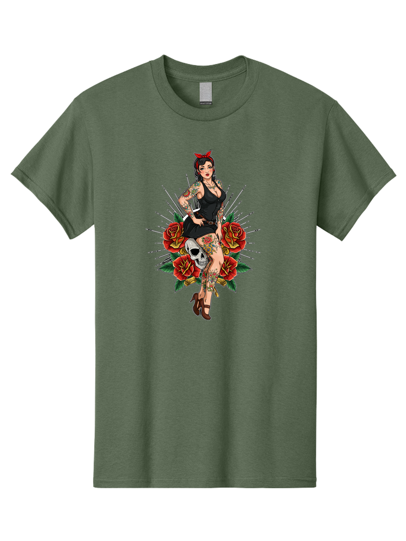 Pin-Up-Girl-With-Skull-And-Roses Men'S Graphic Tee, 100% Cotton, Comfortable Casual Summer Wear, Machine Washable, Pinup Girl, Tattoo Art, Red Roses, Skull, Daggers, Sexy Pose, Pin-Up Style, Vintage-Inspired, Bold Graphics, Feminine Charm, Bad418 11