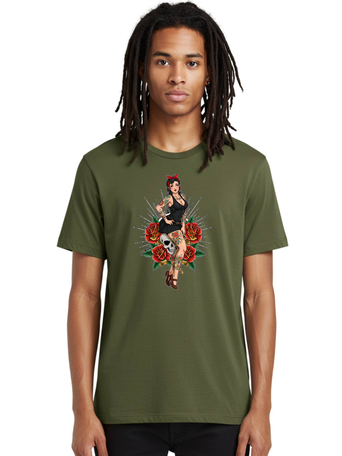 Pin-Up-Girl-With-Skull-And-Roses Men'S Graphic Tee, 100% Cotton, Comfortable Casual Summer Wear, Machine Washable, Pinup Girl, Tattoo Art, Red Roses, Skull, Daggers, Sexy Pose, Pin-Up Style, Vintage-Inspired, Bold Graphics, Feminine Charm, Bad418 26