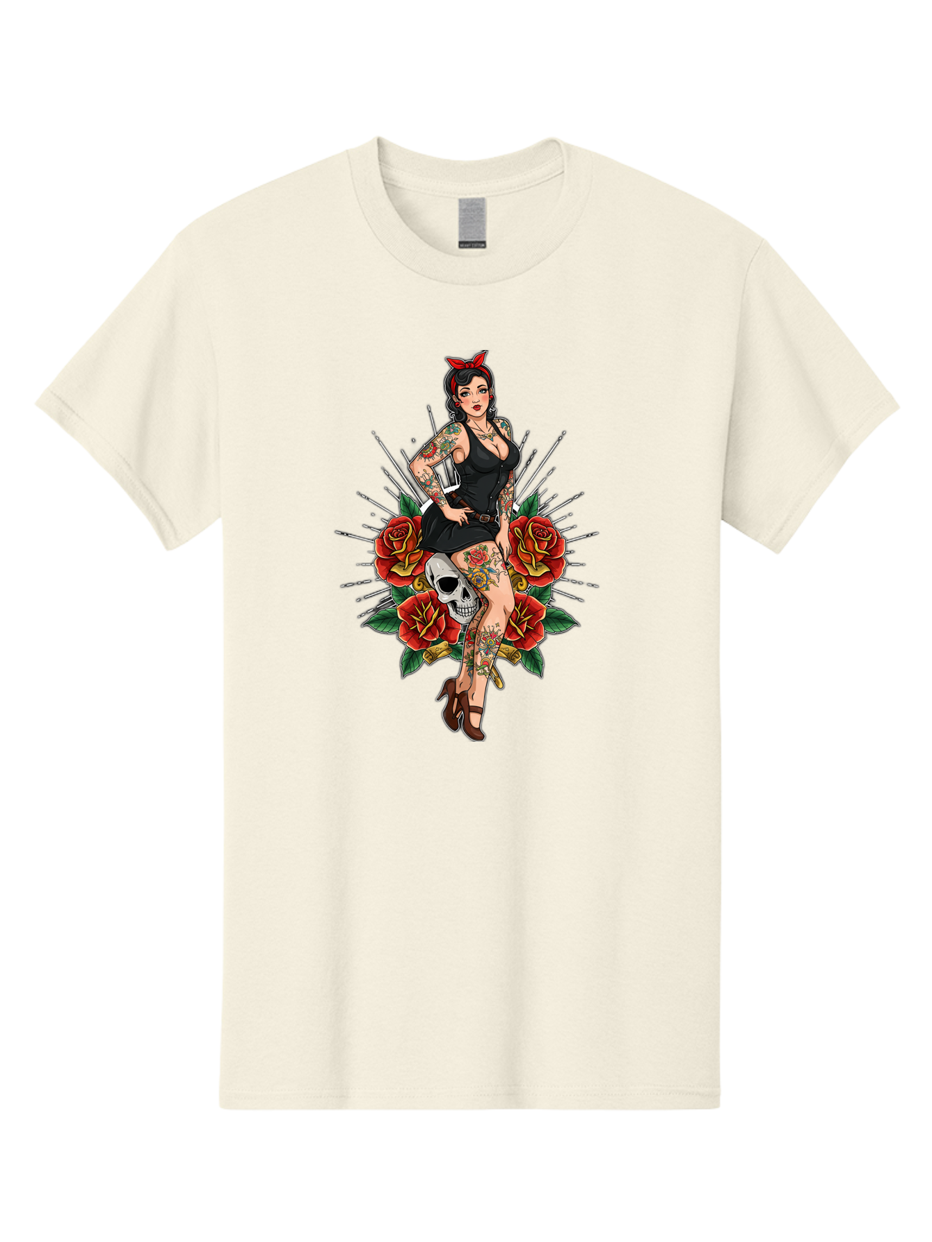 Pin-Up-Girl-With-Skull-And-Roses Men'S Graphic Tee, 100% Cotton, Comfortable Casual Summer Wear, Machine Washable, Pinup Girl, Tattoo Art, Red Roses, Skull, Daggers, Sexy Pose, Pin-Up Style, Vintage-Inspired, Bold Graphics, Feminine Charm, Bad418 15