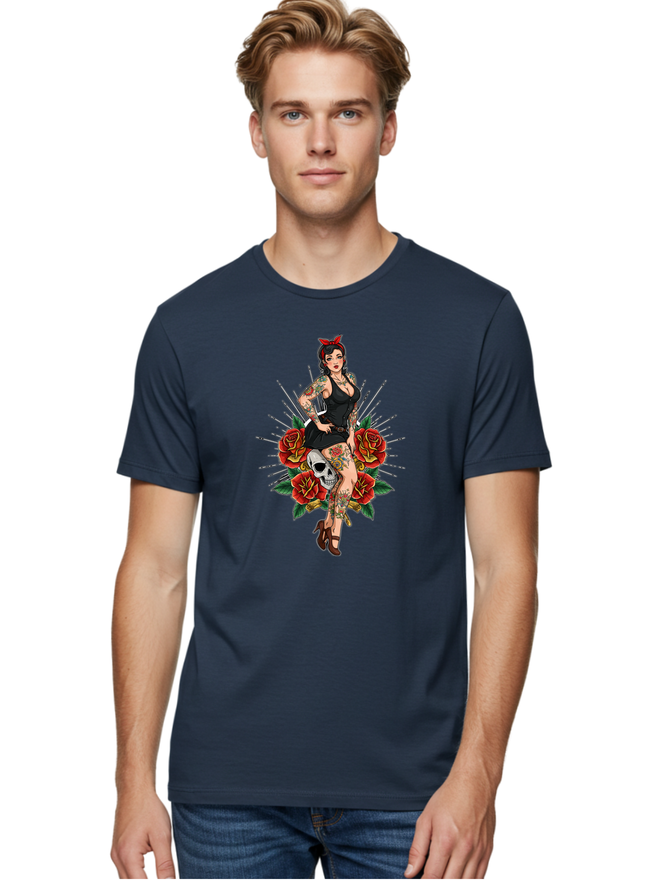 Pin-Up-Girl-With-Skull-And-Roses Men'S Graphic Tee, 100% Cotton, Comfortable Casual Summer Wear, Machine Washable, Pinup Girl, Tattoo Art, Red Roses, Skull, Daggers, Sexy Pose, Pin-Up Style, Vintage-Inspired, Bold Graphics, Feminine Charm, Bad418 23