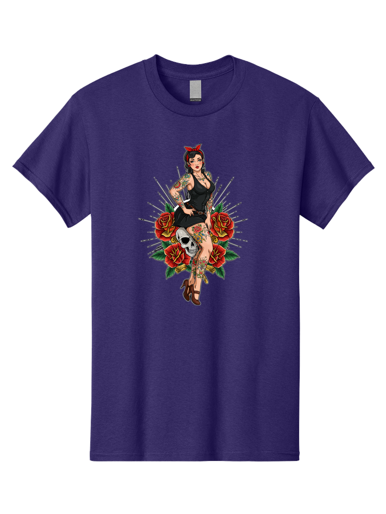 Pin-Up-Girl-With-Skull-And-Roses Men'S Graphic Tee, 100% Cotton, Comfortable Casual Summer Wear, Machine Washable, Pinup Girl, Tattoo Art, Red Roses, Skull, Daggers, Sexy Pose, Pin-Up Style, Vintage-Inspired, Bold Graphics, Feminine Charm, Bad418 7