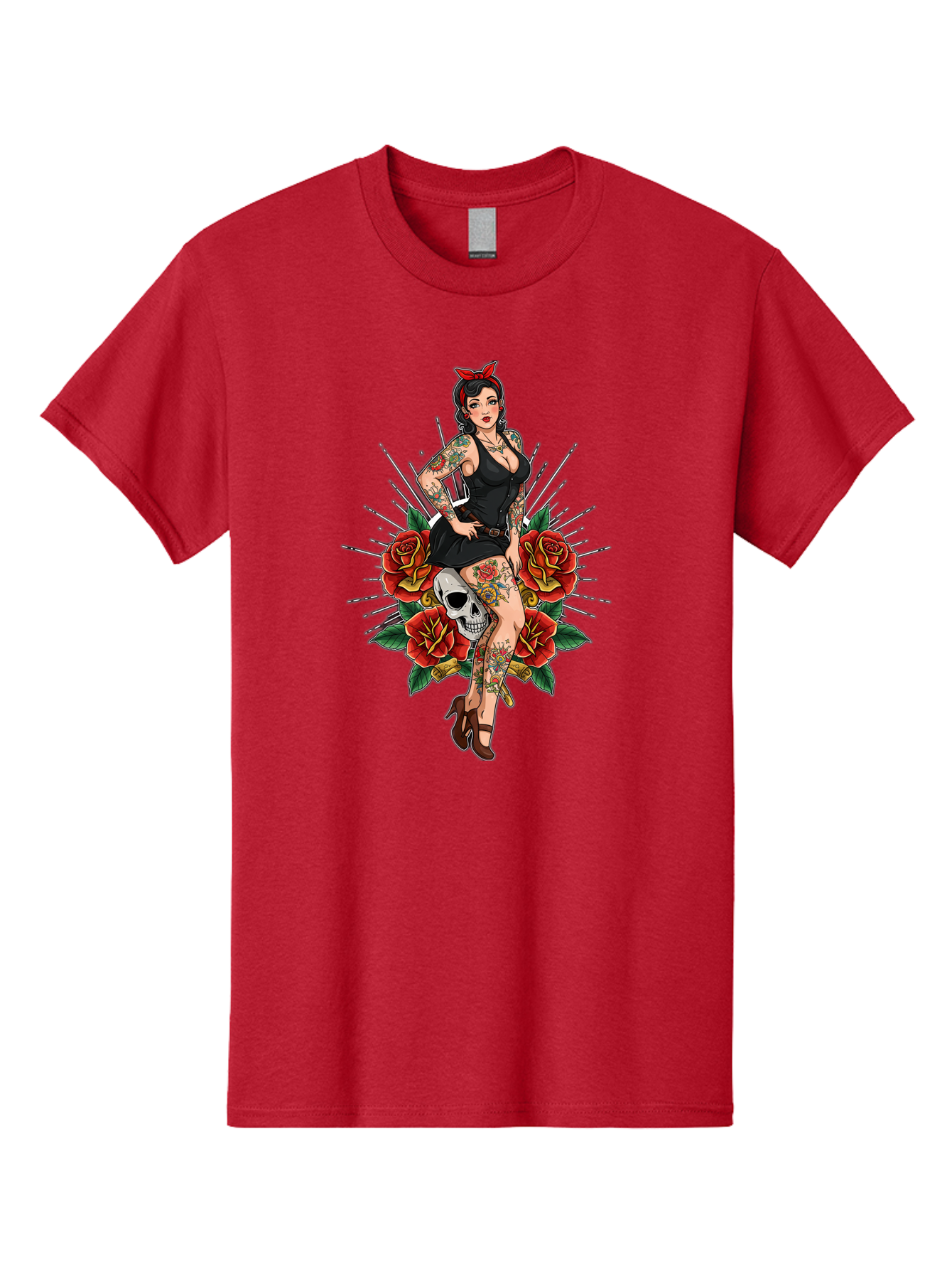 Pin-Up-Girl-With-Skull-And-Roses Men'S Graphic Tee, 100% Cotton, Comfortable Casual Summer Wear, Machine Washable, Pinup Girl, Tattoo Art, Red Roses, Skull, Daggers, Sexy Pose, Pin-Up Style, Vintage-Inspired, Bold Graphics, Feminine Charm, Bad418 12