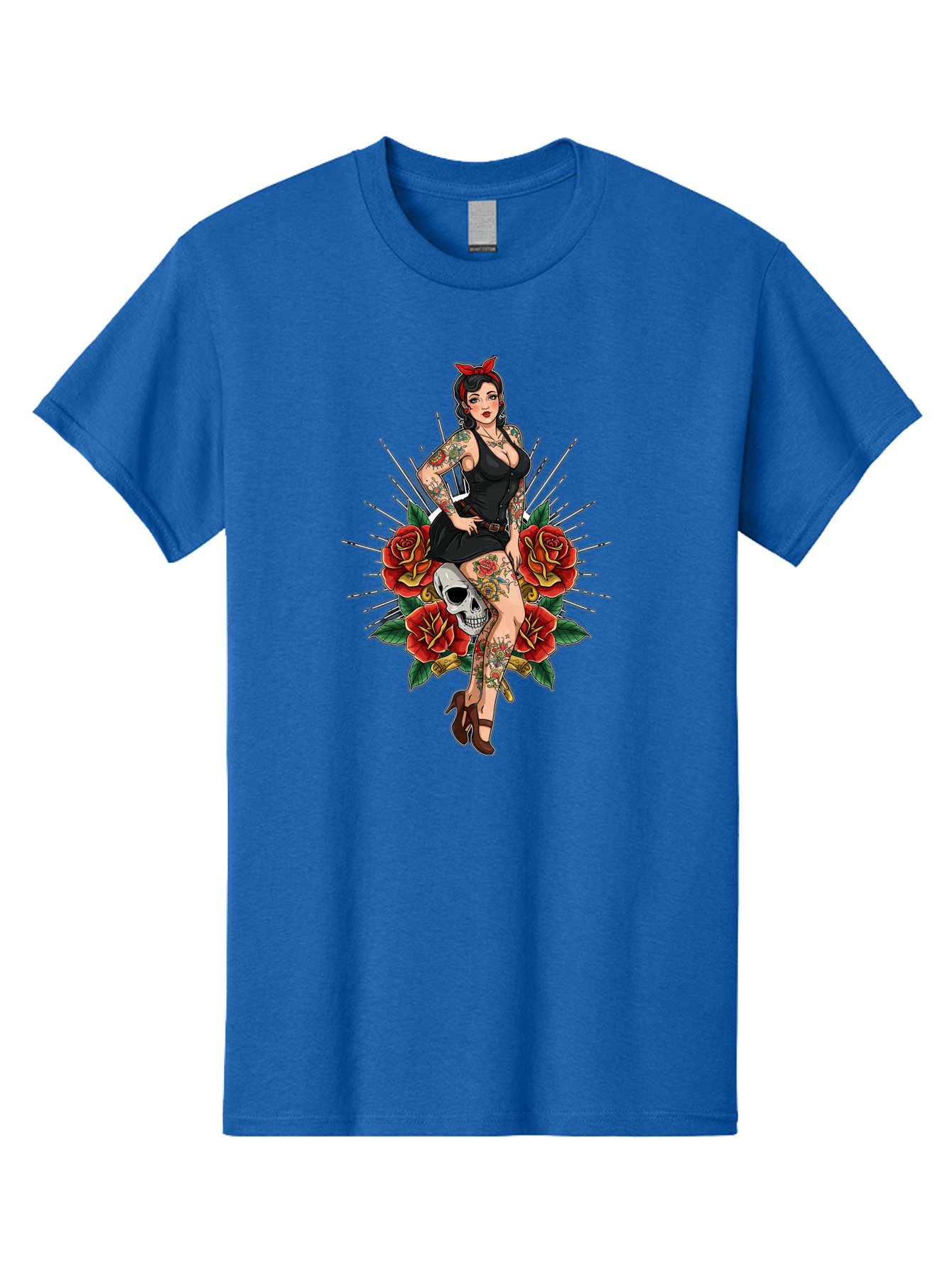 Pin-Up-Girl-With-Skull-And-Roses Men'S Graphic Tee, 100% Cotton, Comfortable Casual Summer Wear, Machine Washable, Pinup Girl, Tattoo Art, Red Roses, Skull, Daggers, Sexy Pose, Pin-Up Style, Vintage-Inspired, Bold Graphics, Feminine Charm, Bad418 5