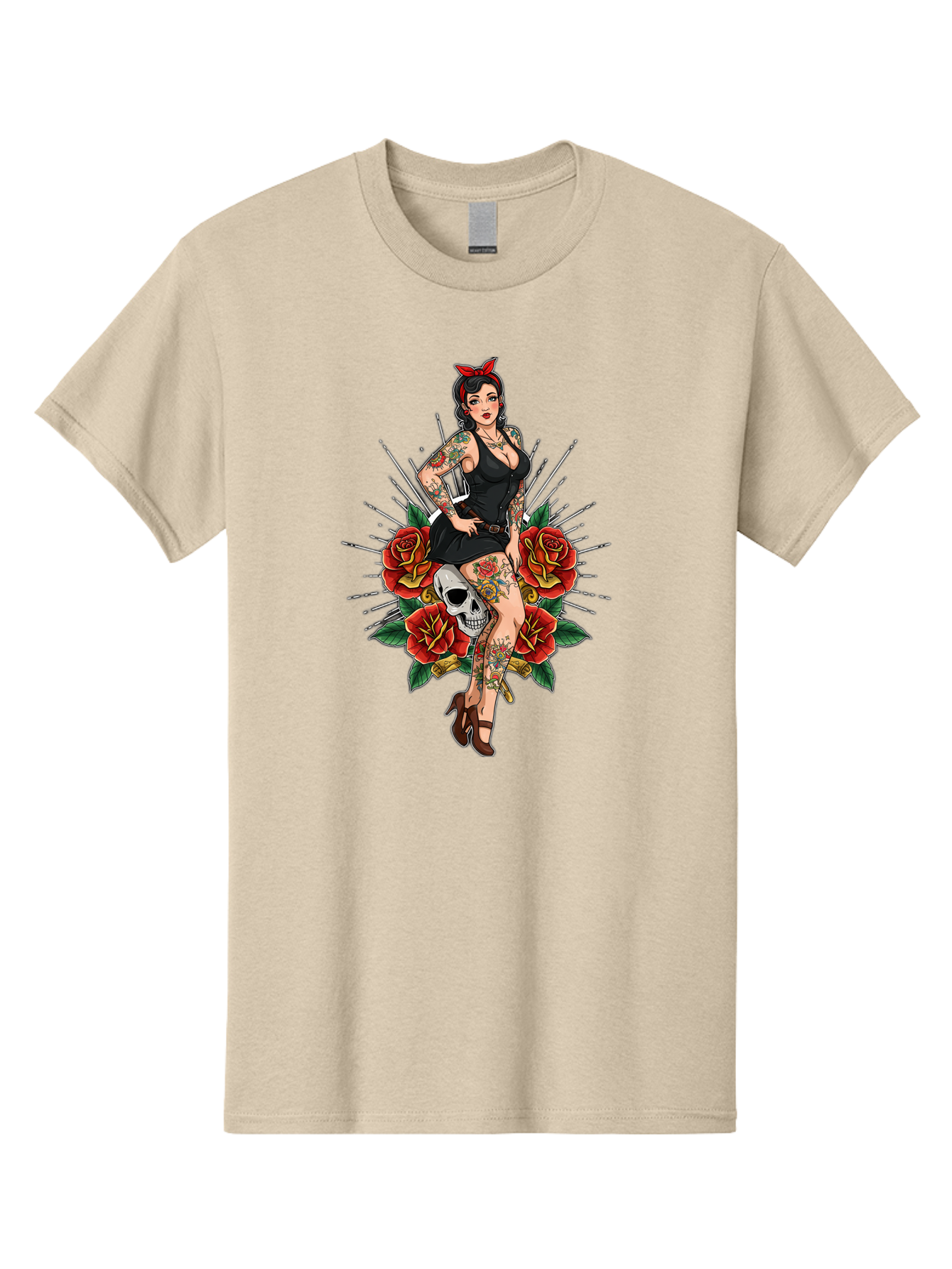 Pin-Up-Girl-With-Skull-And-Roses Men'S Graphic Tee, 100% Cotton, Comfortable Casual Summer Wear, Machine Washable, Pinup Girl, Tattoo Art, Red Roses, Skull, Daggers, Sexy Pose, Pin-Up Style, Vintage-Inspired, Bold Graphics, Feminine Charm, Bad418 14