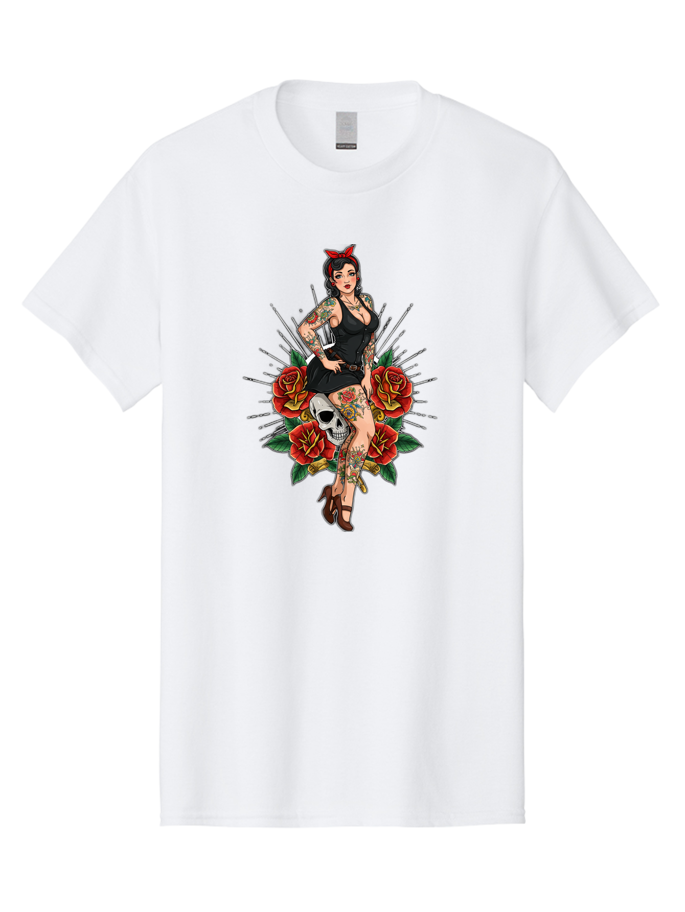 Pin-Up-Girl-With-Skull-And-Roses Men'S Graphic Tee, 100% Cotton, Comfortable Casual Summer Wear, Machine Washable, Pinup Girl, Tattoo Art, Red Roses, Skull, Daggers, Sexy Pose, Pin-Up Style, Vintage-Inspired, Bold Graphics, Feminine Charm, Bad418 10