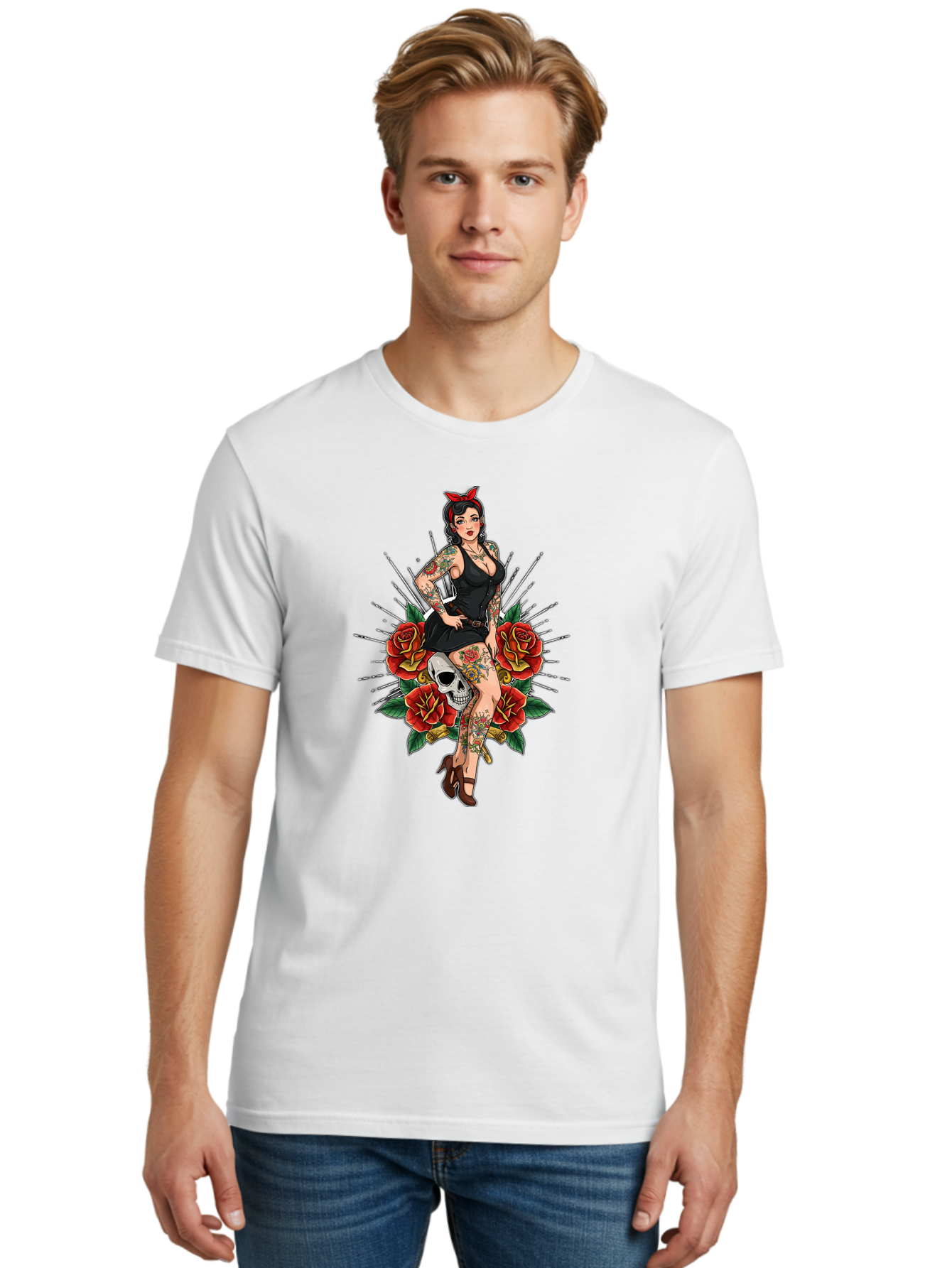 Pin-Up-Girl-With-Skull-And-Roses Men'S Graphic Tee, 100% Cotton, Comfortable Casual Summer Wear, Machine Washable, Pinup Girl, Tattoo Art, Red Roses, Skull, Daggers, Sexy Pose, Pin-Up Style, Vintage-Inspired, Bold Graphics, Feminine Charm, Bad418 25