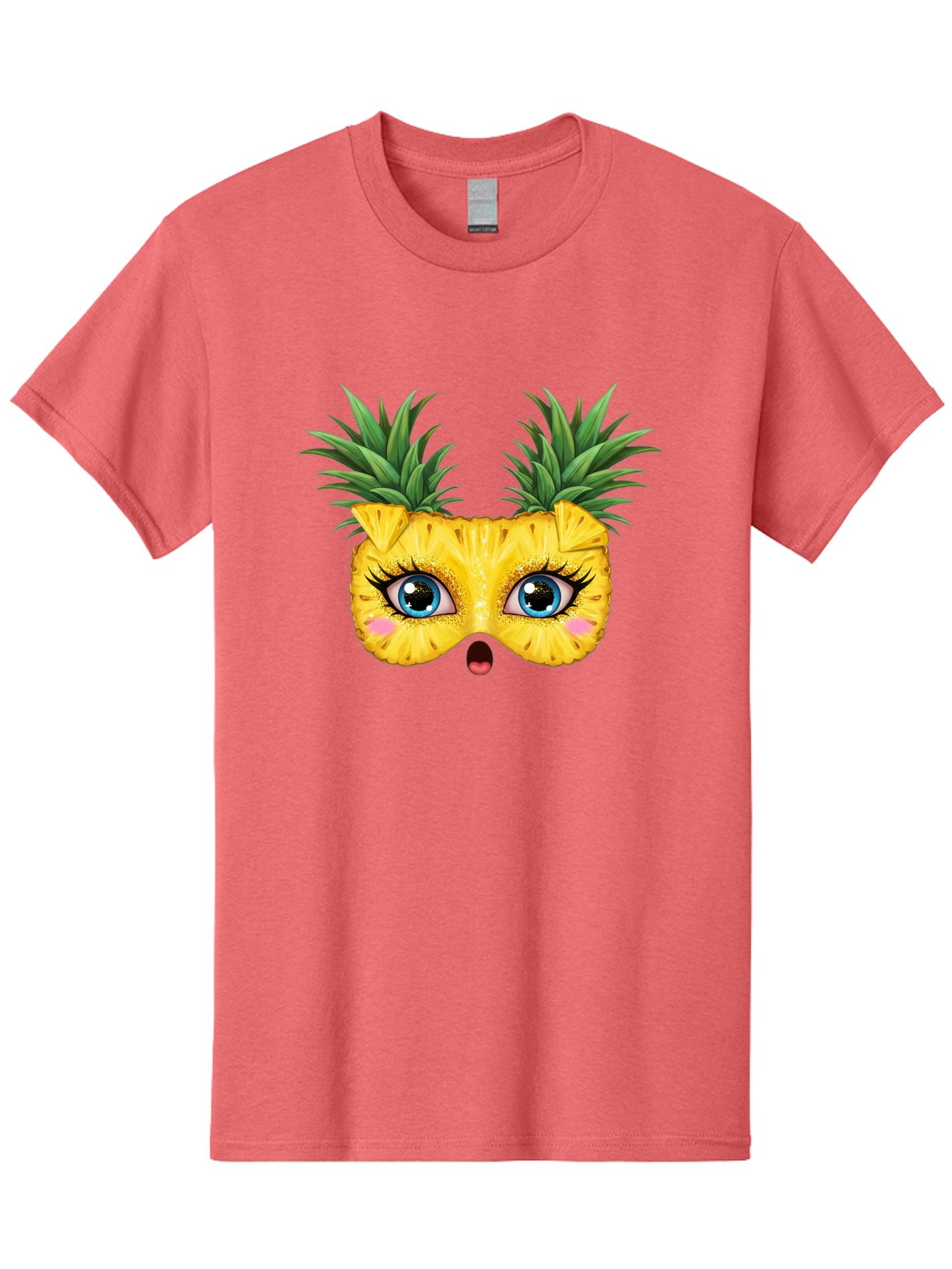 Pineapple-Mask Men'S Graphic Tee, 100% Cotton, Comfortable Casual Summer Wear, Machine Washable, Cartoon Pineapple With Face, Pineapple Character, Funny Fruit, Tropical Vibe, Blue Eyes, Eyelashes, Pink Cheeks, Surprised Expression, Summer Fun, Bad420 5