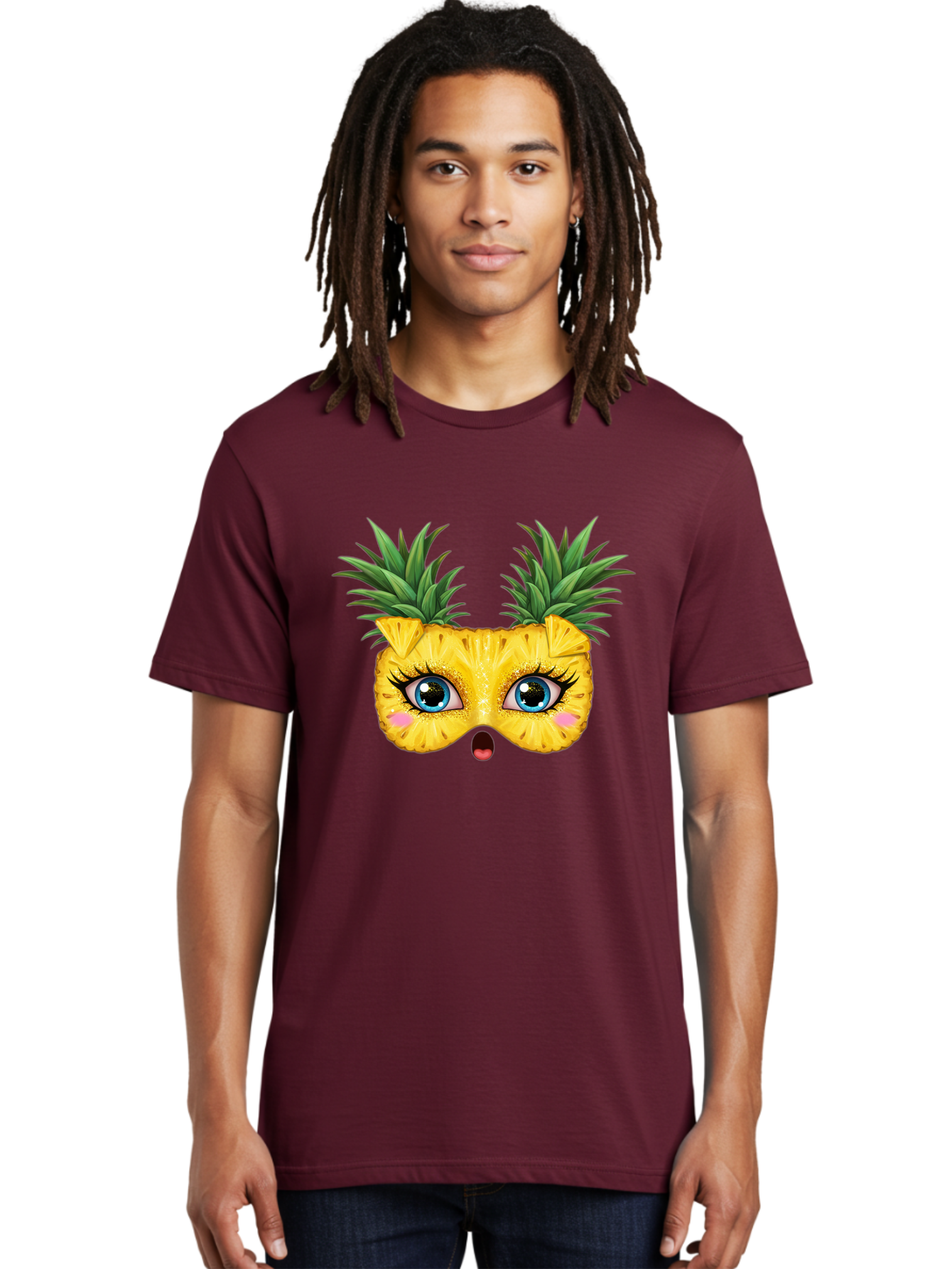 Pineapple-Mask Men'S Graphic Tee, 100% Cotton, Comfortable Casual Summer Wear, Machine Washable, Cartoon Pineapple With Face, Pineapple Character, Funny Fruit, Tropical Vibe, Blue Eyes, Eyelashes, Pink Cheeks, Surprised Expression, Summer Fun, Bad420 23