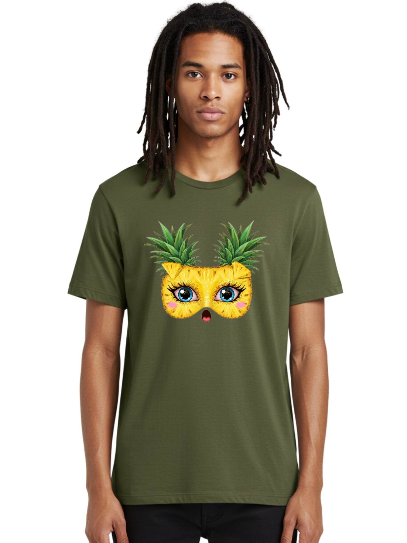 Pineapple-Mask Men'S Graphic Tee, 100% Cotton, Comfortable Casual Summer Wear, Machine Washable, Cartoon Pineapple With Face, Pineapple Character, Funny Fruit, Tropical Vibe, Blue Eyes, Eyelashes, Pink Cheeks, Surprised Expression, Summer Fun, Bad420 29