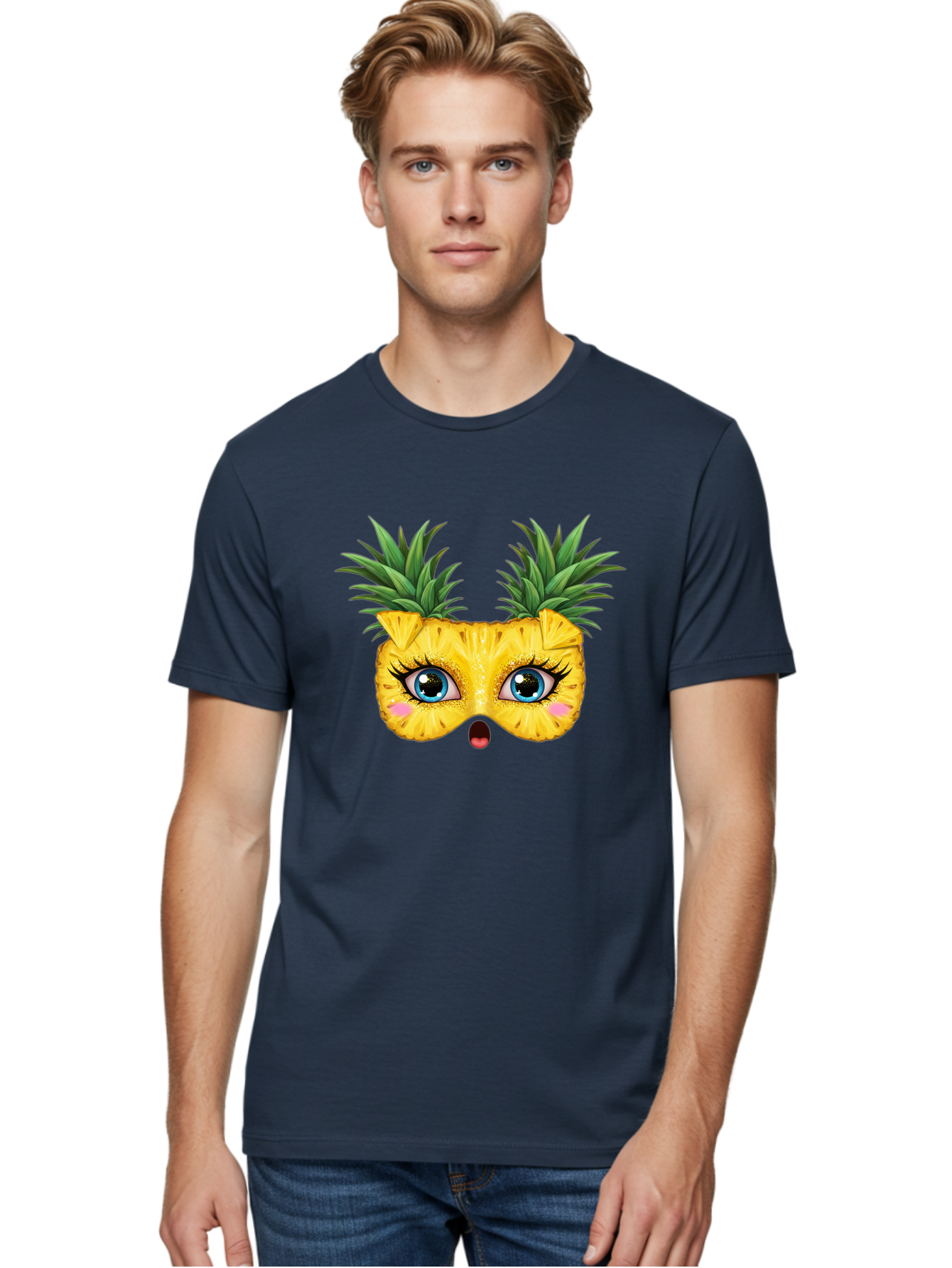 Pineapple-Mask Men'S Graphic Tee, 100% Cotton, Comfortable Casual Summer Wear, Machine Washable, Cartoon Pineapple With Face, Pineapple Character, Funny Fruit, Tropical Vibe, Blue Eyes, Eyelashes, Pink Cheeks, Surprised Expression, Summer Fun, Bad420 25