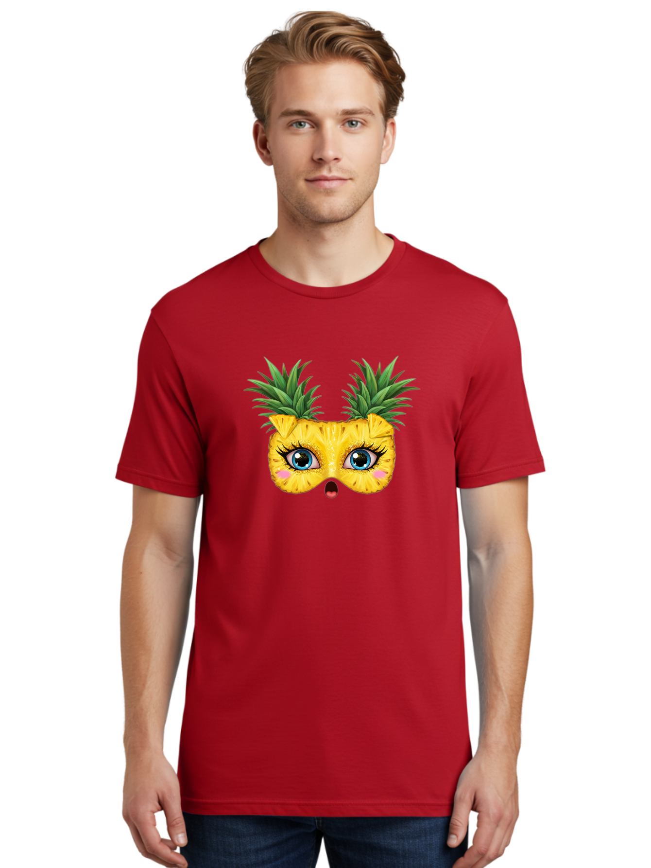 Pineapple-Mask Men'S Graphic Tee, 100% Cotton, Comfortable Casual Summer Wear, Machine Washable, Cartoon Pineapple With Face, Pineapple Character, Funny Fruit, Tropical Vibe, Blue Eyes, Eyelashes, Pink Cheeks, Surprised Expression, Summer Fun, Bad420 16