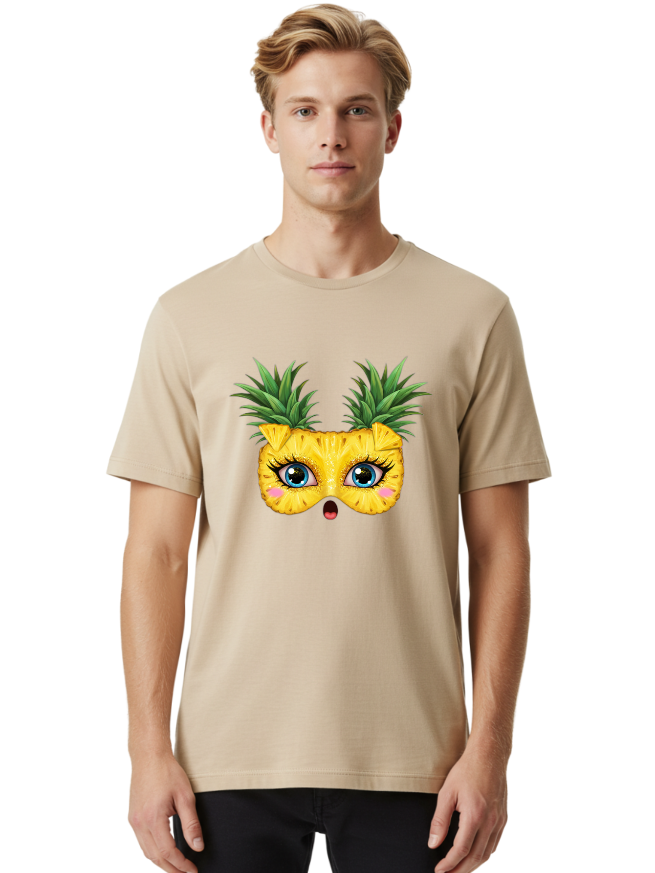 Pineapple-Mask Men'S Graphic Tee, 100% Cotton, Comfortable Casual Summer Wear, Machine Washable, Cartoon Pineapple With Face, Pineapple Character, Funny Fruit, Tropical Vibe, Blue Eyes, Eyelashes, Pink Cheeks, Surprised Expression, Summer Fun, Bad420 27