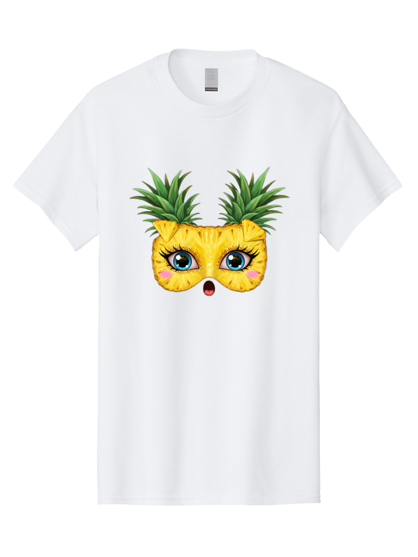 Pineapple-Mask Men'S Graphic Tee, 100% Cotton, Comfortable Casual Summer Wear, Machine Washable, Cartoon Pineapple With Face, Pineapple Character, Funny Fruit, Tropical Vibe, Blue Eyes, Eyelashes, Pink Cheeks, Surprised Expression, Summer Fun, Bad420 6