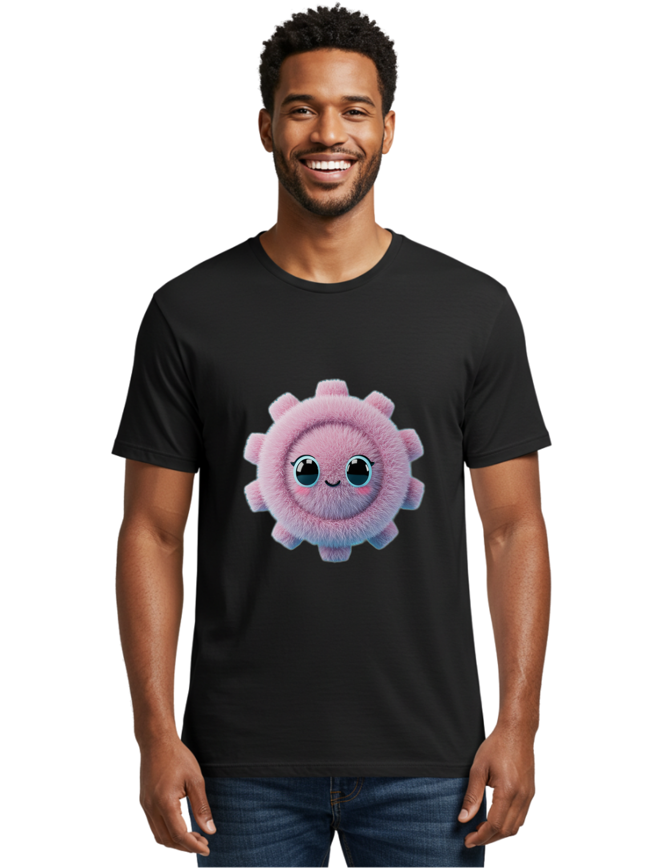 Pink-Fuzzy-Gear Men'S Graphic Tee, 100% Cotton, Comfortable Casual Summer Wear, Machine Washable, Cute Cartoon Character, Fluffy Virus, Pink And Purple Hues, Smiling Face, Big Eyes, Whimsical Design, Funny Illustration, Soft Texture, Bad429 29