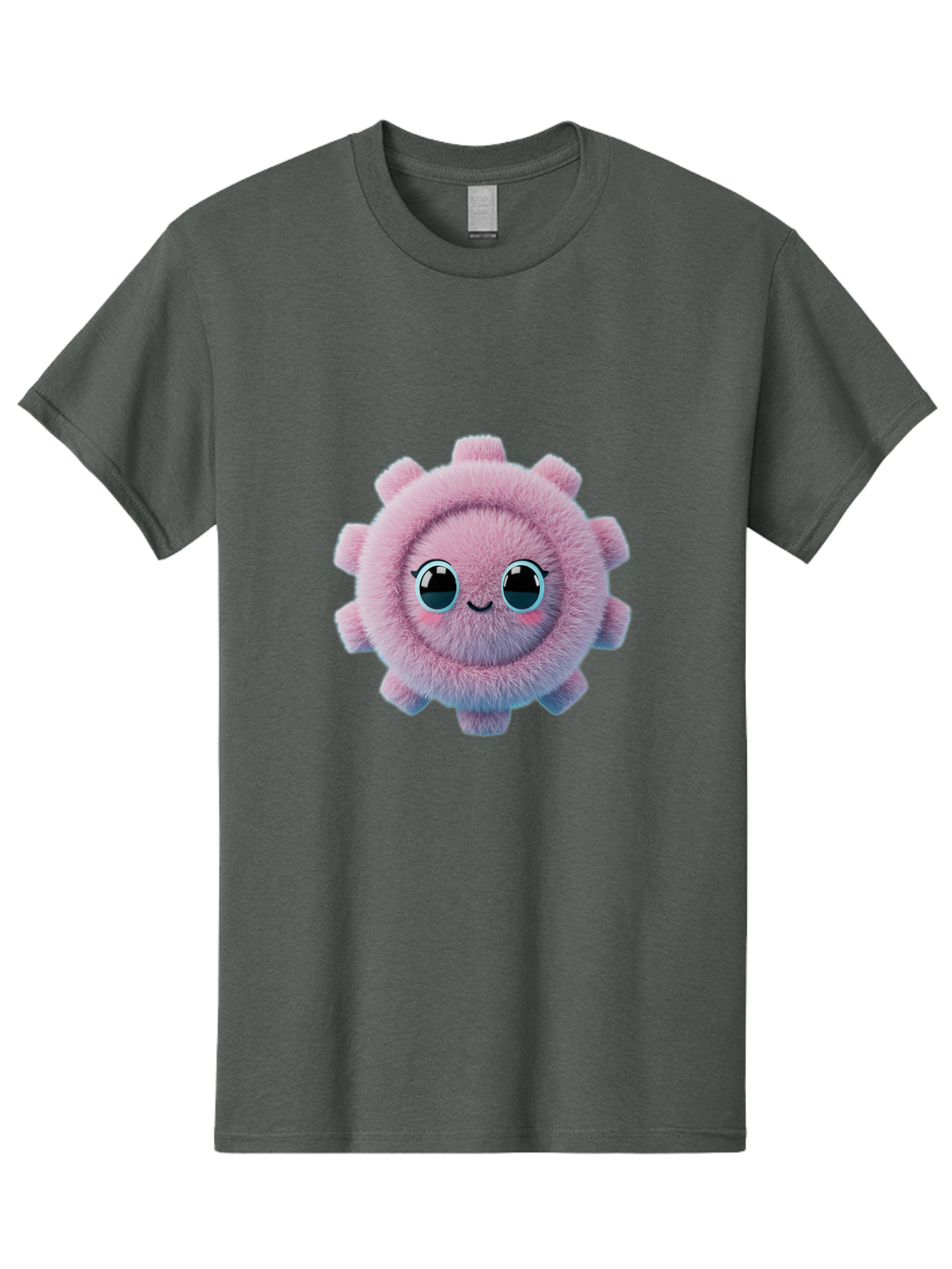 Pink-Fuzzy-Gear Men'S Graphic Tee, 100% Cotton, Comfortable Casual Summer Wear, Machine Washable, Cute Cartoon Character, Fluffy Virus, Pink And Purple Hues, Smiling Face, Big Eyes, Whimsical Design, Funny Illustration, Soft Texture, Bad429 6
