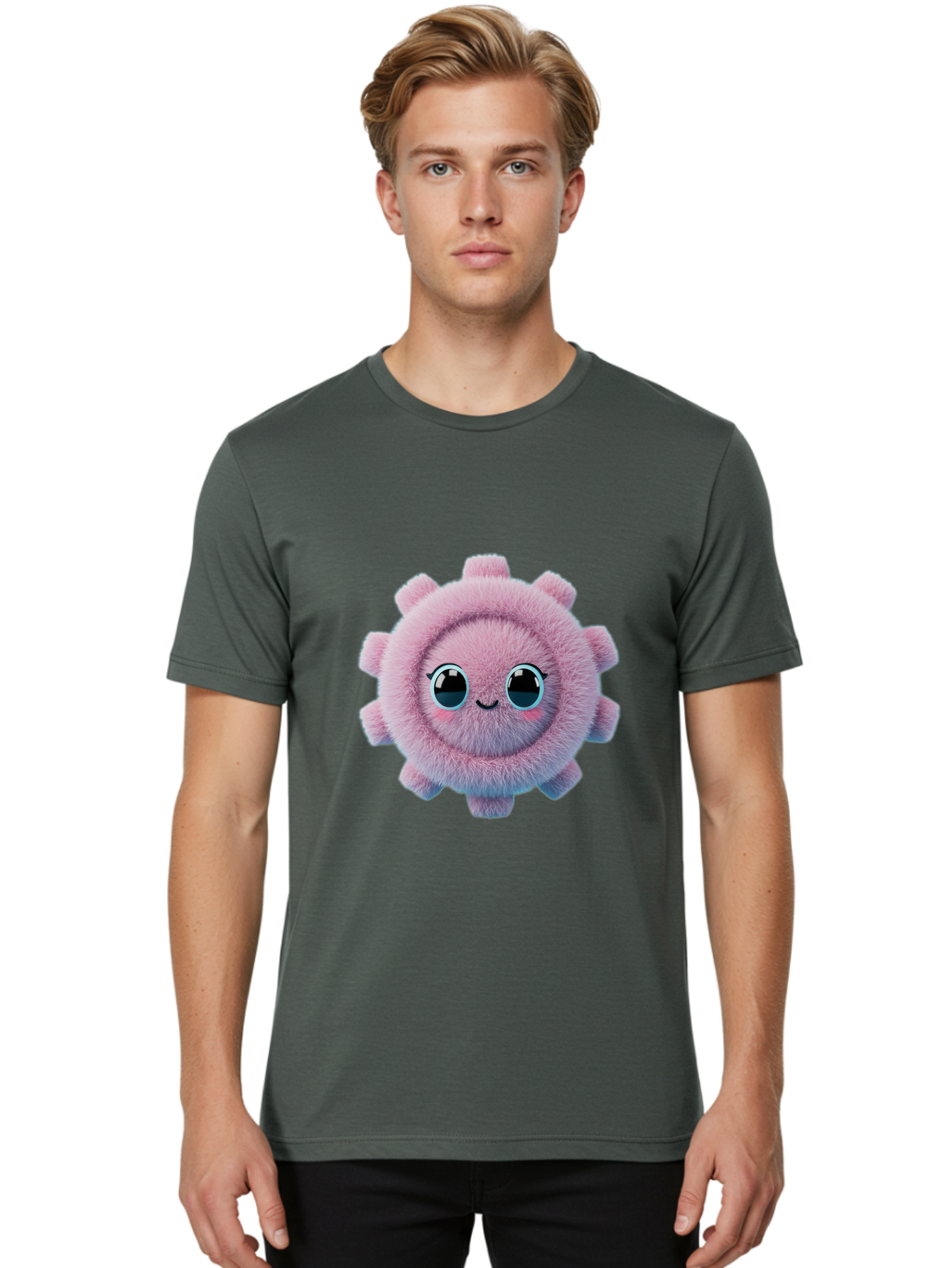 Pink-Fuzzy-Gear Men'S Graphic Tee, 100% Cotton, Comfortable Casual Summer Wear, Machine Washable, Cute Cartoon Character, Fluffy Virus, Pink And Purple Hues, Smiling Face, Big Eyes, Whimsical Design, Funny Illustration, Soft Texture, Bad429 21