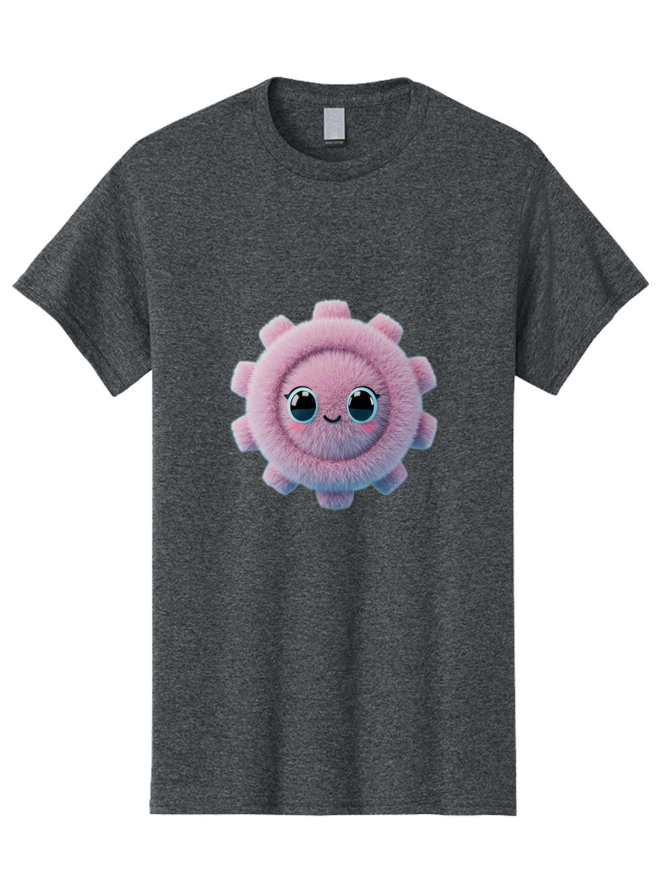 Pink-Fuzzy-Gear Men'S Graphic Tee, 100% Cotton, Comfortable Casual Summer Wear, Machine Washable, Cute Cartoon Character, Fluffy Virus, Pink And Purple Hues, Smiling Face, Big Eyes, Whimsical Design, Funny Illustration, Soft Texture, Bad429 3