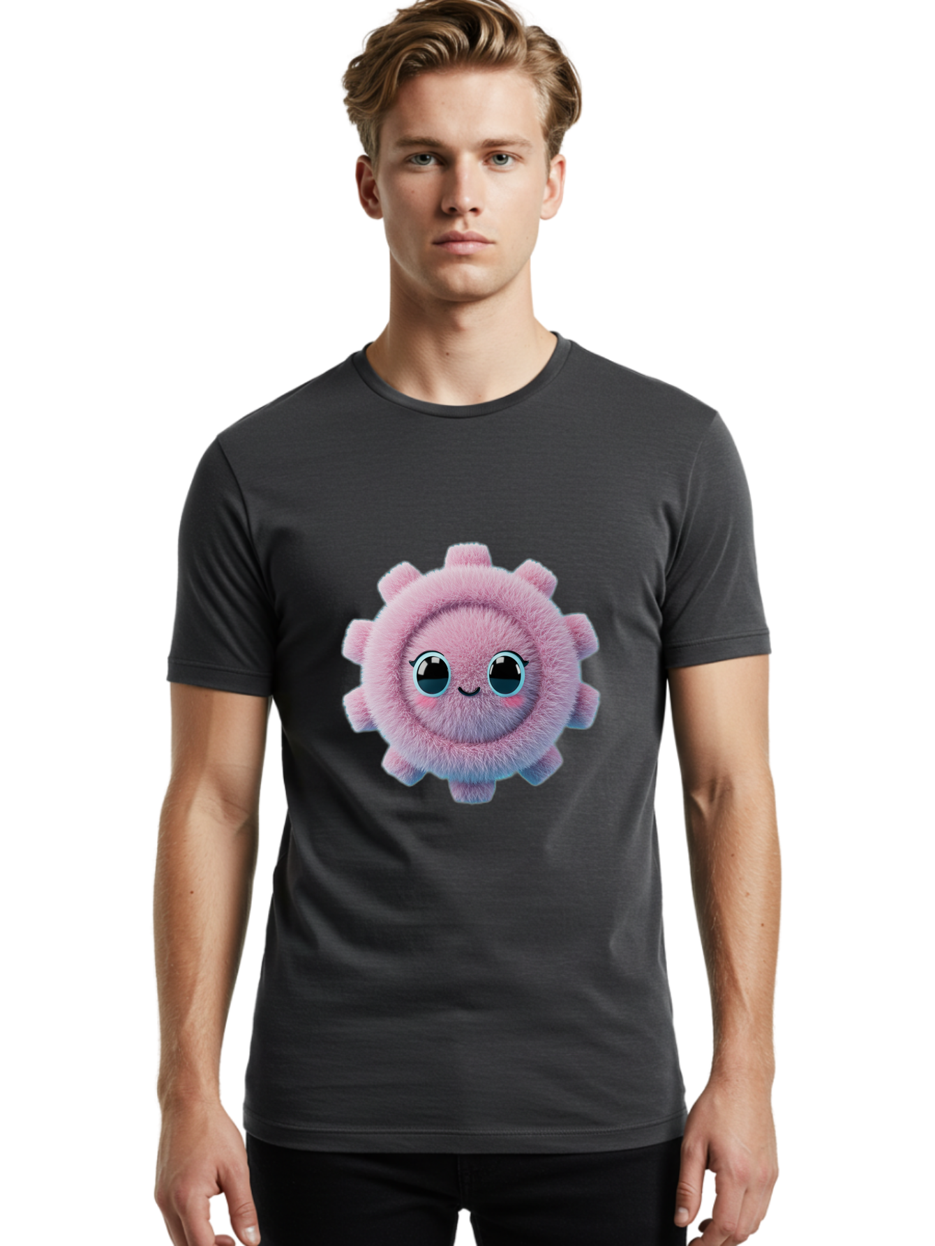 Pink-Fuzzy-Gear Men'S Graphic Tee, 100% Cotton, Comfortable Casual Summer Wear, Machine Washable, Cute Cartoon Character, Fluffy Virus, Pink And Purple Hues, Smiling Face, Big Eyes, Whimsical Design, Funny Illustration, Soft Texture, Bad429 18