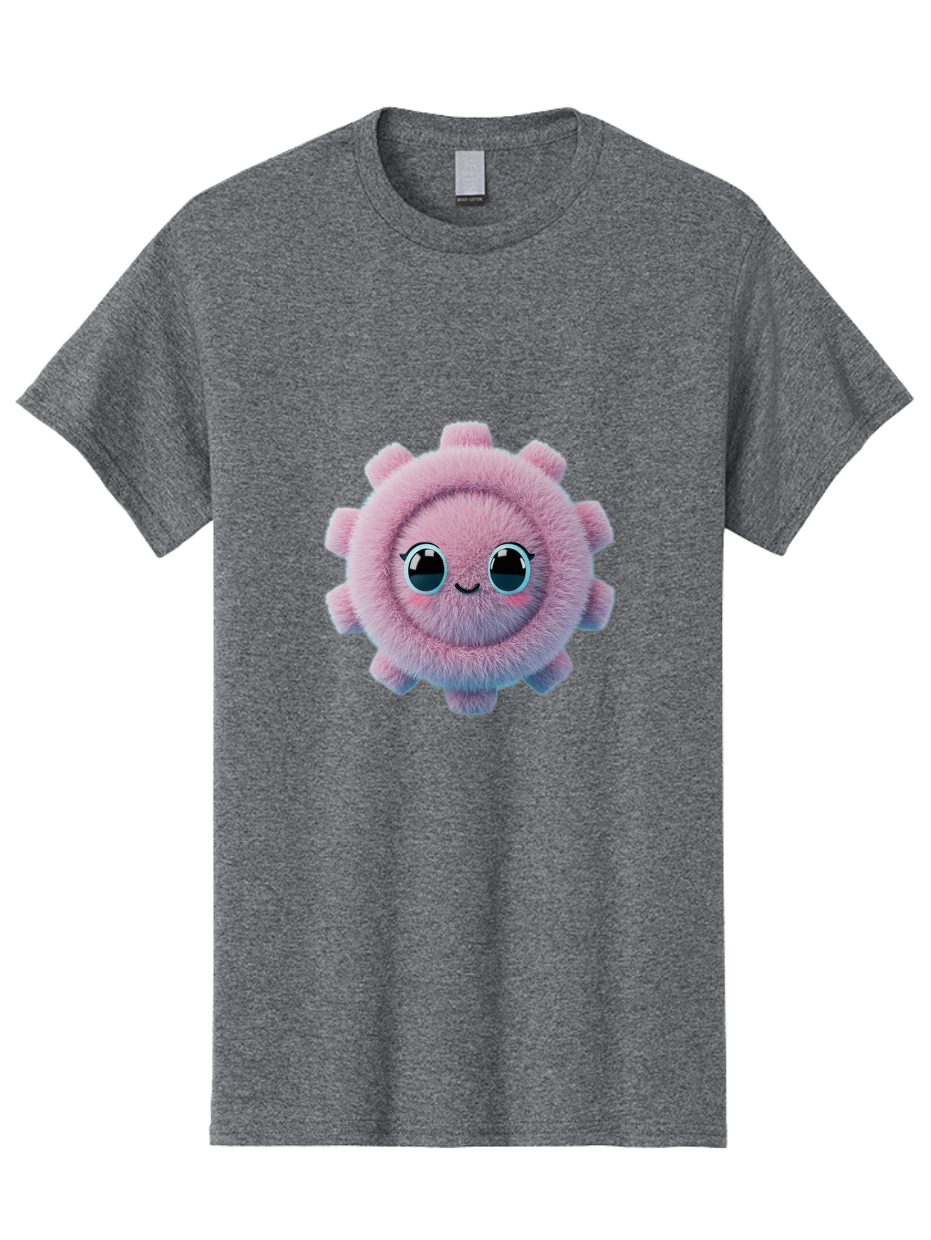 Pink-Fuzzy-Gear Men'S Graphic Tee, 100% Cotton, Comfortable Casual Summer Wear, Machine Washable, Cute Cartoon Character, Fluffy Virus, Pink And Purple Hues, Smiling Face, Big Eyes, Whimsical Design, Funny Illustration, Soft Texture, Bad429 8