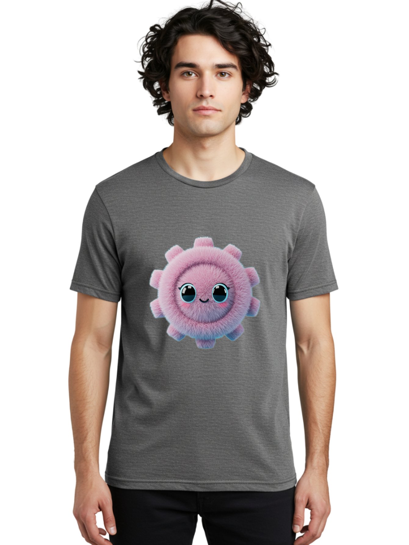 Pink-Fuzzy-Gear Men'S Graphic Tee, 100% Cotton, Comfortable Casual Summer Wear, Machine Washable, Cute Cartoon Character, Fluffy Virus, Pink And Purple Hues, Smiling Face, Big Eyes, Whimsical Design, Funny Illustration, Soft Texture, Bad429 23