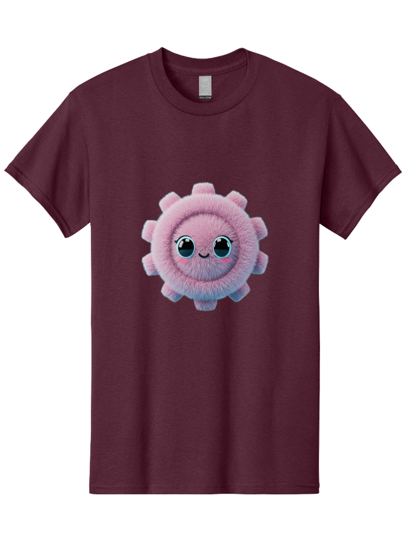 Pink-Fuzzy-Gear Men'S Graphic Tee, 100% Cotton, Comfortable Casual Summer Wear, Machine Washable, Cute Cartoon Character, Fluffy Virus, Pink And Purple Hues, Smiling Face, Big Eyes, Whimsical Design, Funny Illustration, Soft Texture, Bad429 5