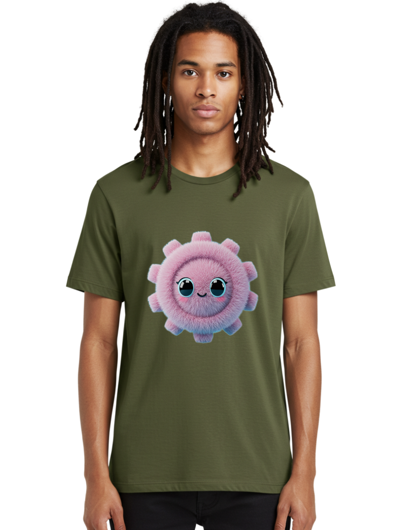 Pink-Fuzzy-Gear Men'S Graphic Tee, 100% Cotton, Comfortable Casual Summer Wear, Machine Washable, Cute Cartoon Character, Fluffy Virus, Pink And Purple Hues, Smiling Face, Big Eyes, Whimsical Design, Funny Illustration, Soft Texture, Bad429 17