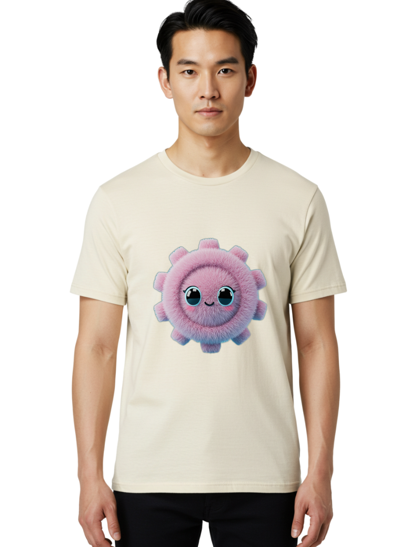 Pink-Fuzzy-Gear Men'S Graphic Tee, 100% Cotton, Comfortable Casual Summer Wear, Machine Washable, Cute Cartoon Character, Fluffy Virus, Pink And Purple Hues, Smiling Face, Big Eyes, Whimsical Design, Funny Illustration, Soft Texture, Bad429 22