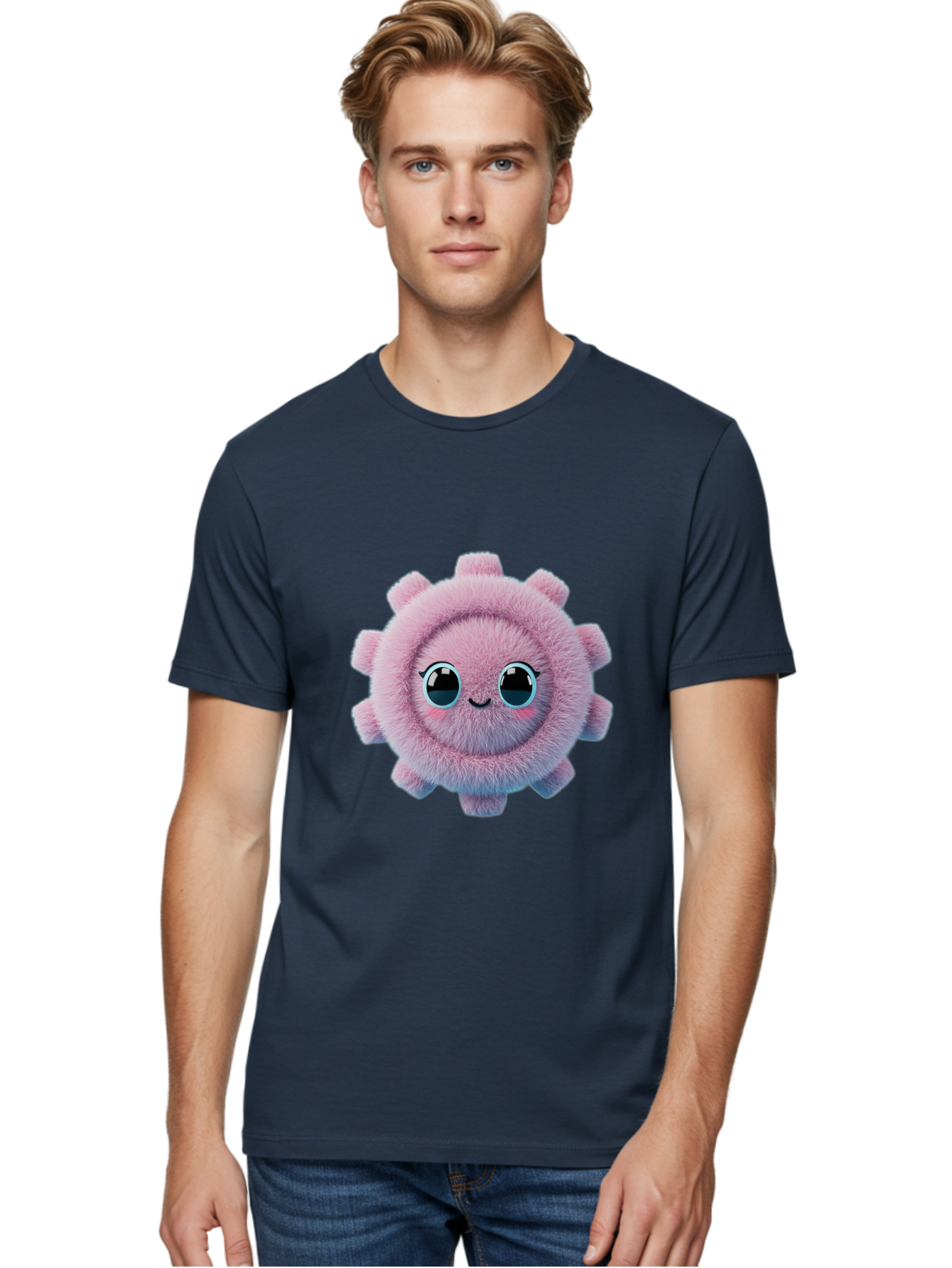 Pink-Fuzzy-Gear Men'S Graphic Tee, 100% Cotton, Comfortable Casual Summer Wear, Machine Washable, Cute Cartoon Character, Fluffy Virus, Pink And Purple Hues, Smiling Face, Big Eyes, Whimsical Design, Funny Illustration, Soft Texture, Bad429 16