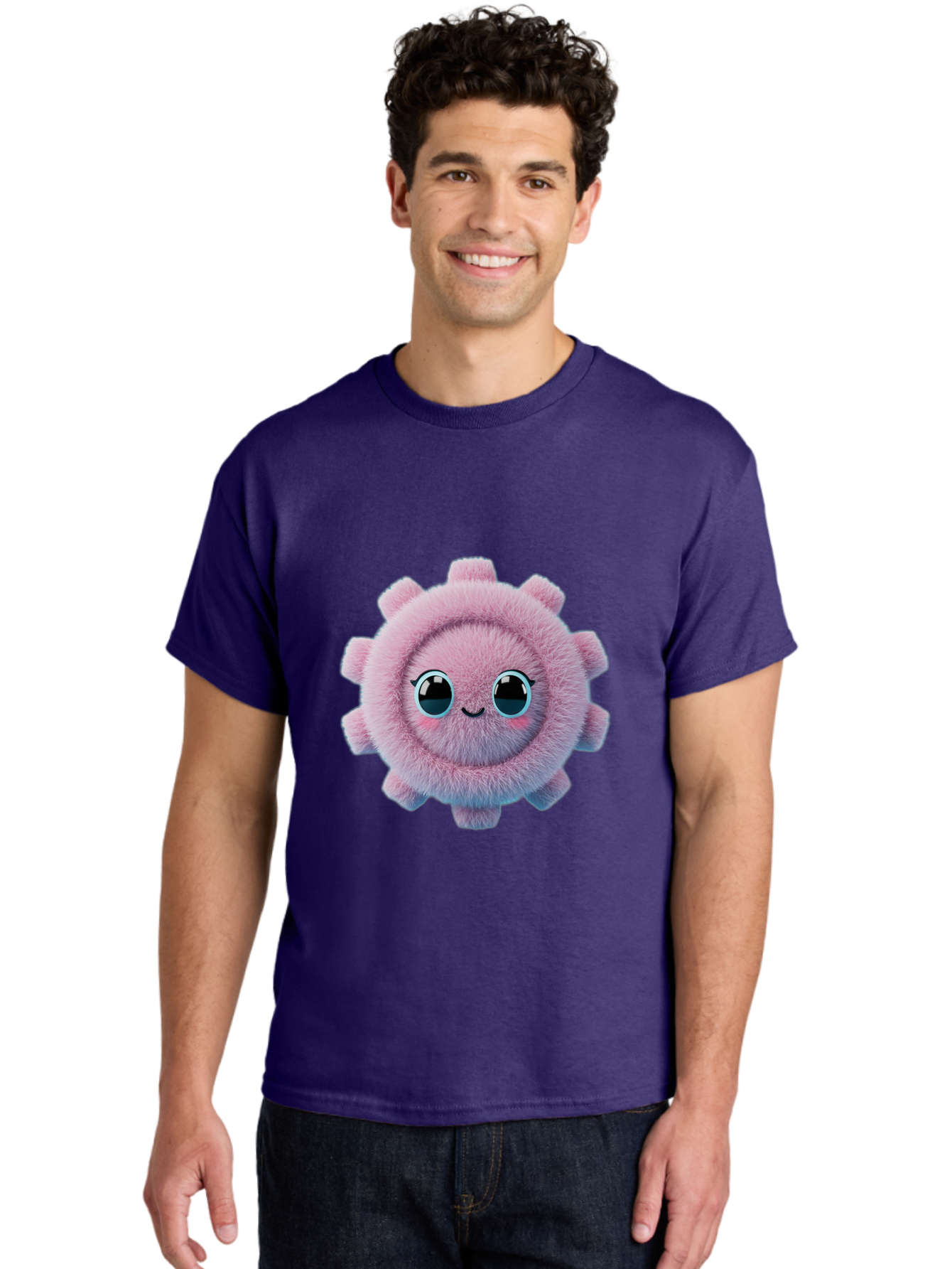 Pink-Fuzzy-Gear Men'S Graphic Tee, 100% Cotton, Comfortable Casual Summer Wear, Machine Washable, Cute Cartoon Character, Fluffy Virus, Pink And Purple Hues, Smiling Face, Big Eyes, Whimsical Design, Funny Illustration, Soft Texture, Bad429 28