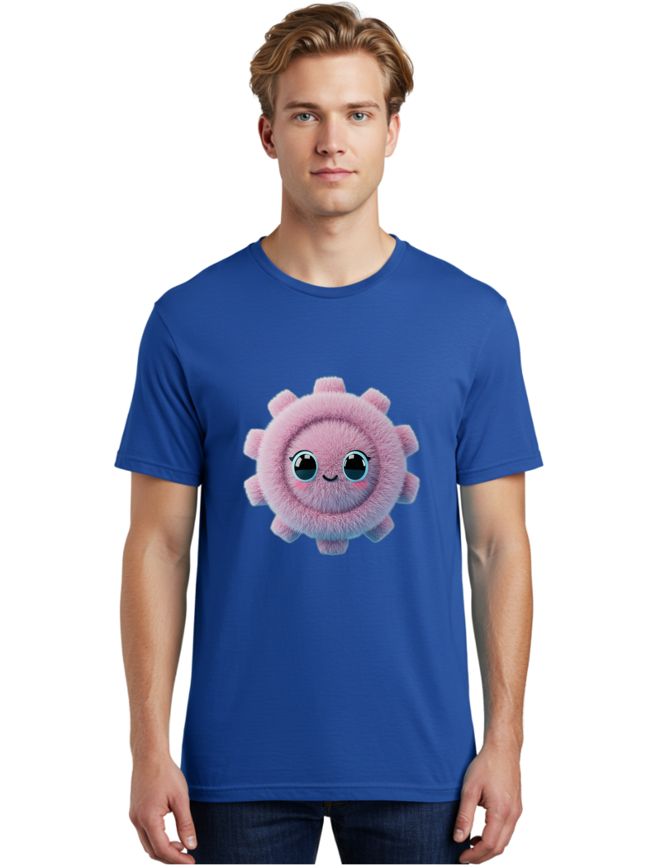 Pink-Fuzzy-Gear Men'S Graphic Tee, 100% Cotton, Comfortable Casual Summer Wear, Machine Washable, Cute Cartoon Character, Fluffy Virus, Pink And Purple Hues, Smiling Face, Big Eyes, Whimsical Design, Funny Illustration, Soft Texture, Bad429 30