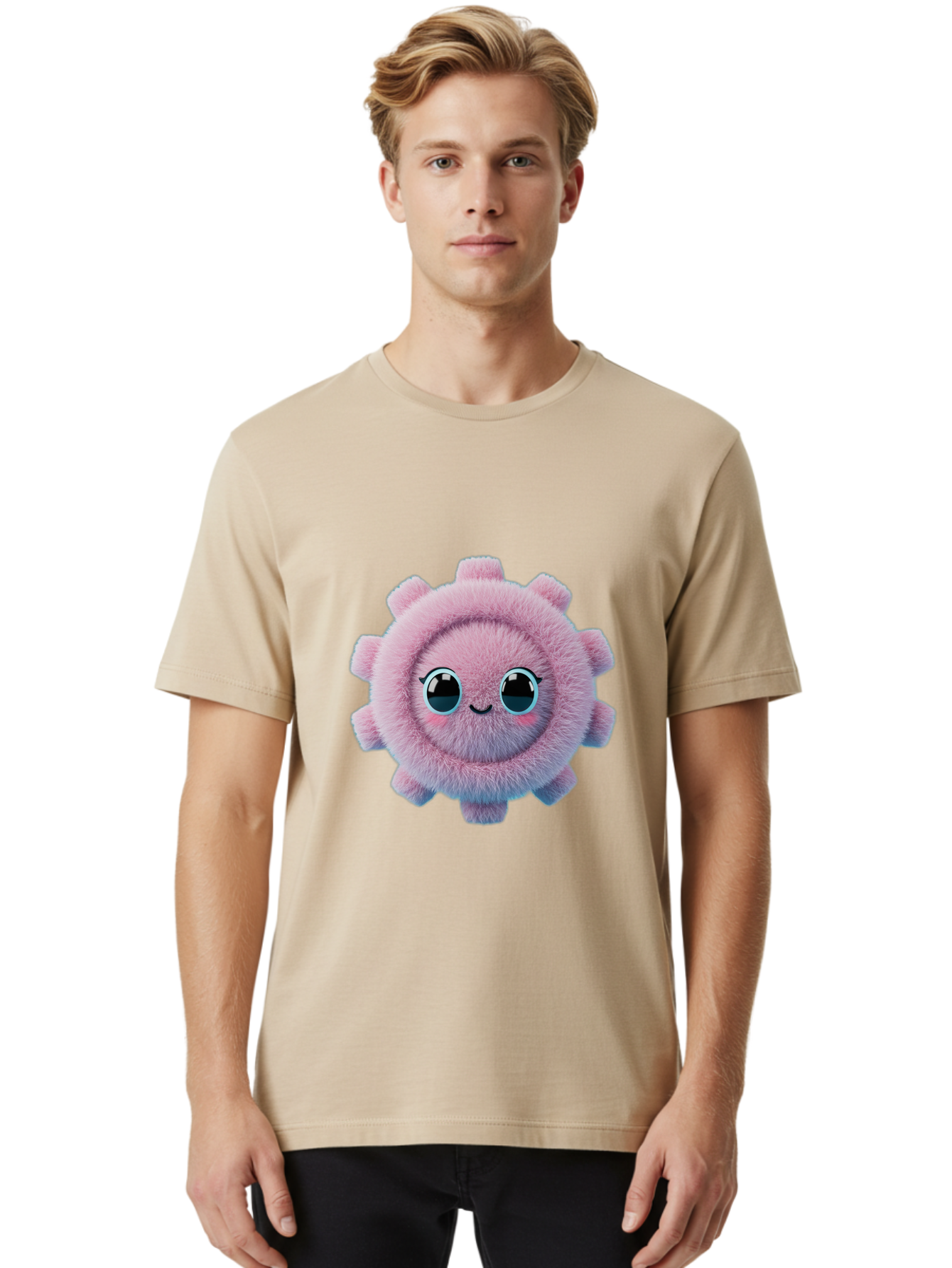 Pink-Fuzzy-Gear Men'S Graphic Tee, 100% Cotton, Comfortable Casual Summer Wear, Machine Washable, Cute Cartoon Character, Fluffy Virus, Pink And Purple Hues, Smiling Face, Big Eyes, Whimsical Design, Funny Illustration, Soft Texture, Bad429 25