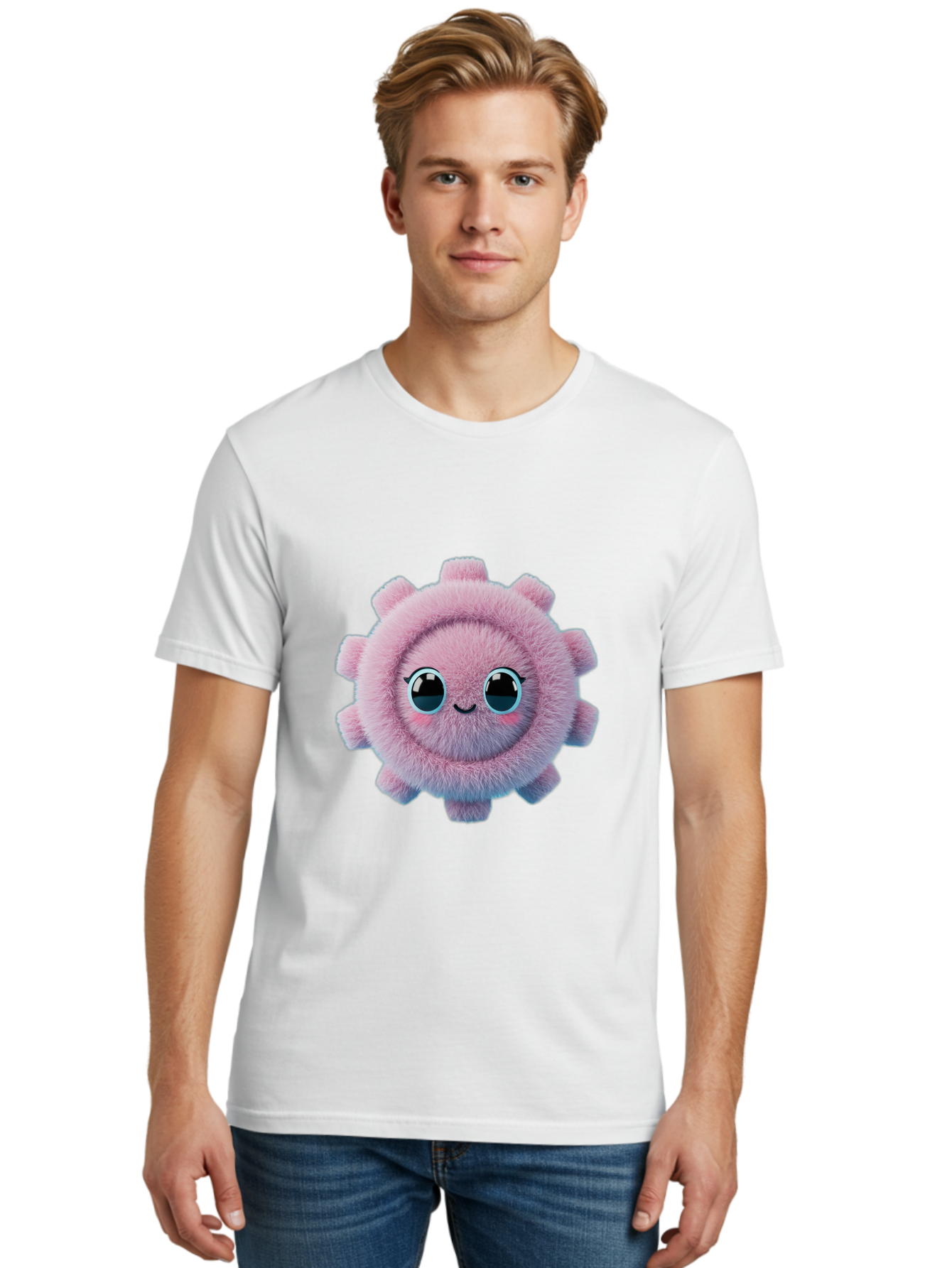 Pink-Fuzzy-Gear Men'S Graphic Tee, 100% Cotton, Comfortable Casual Summer Wear, Machine Washable, Cute Cartoon Character, Fluffy Virus, Pink And Purple Hues, Smiling Face, Big Eyes, Whimsical Design, Funny Illustration, Soft Texture, Bad429 27