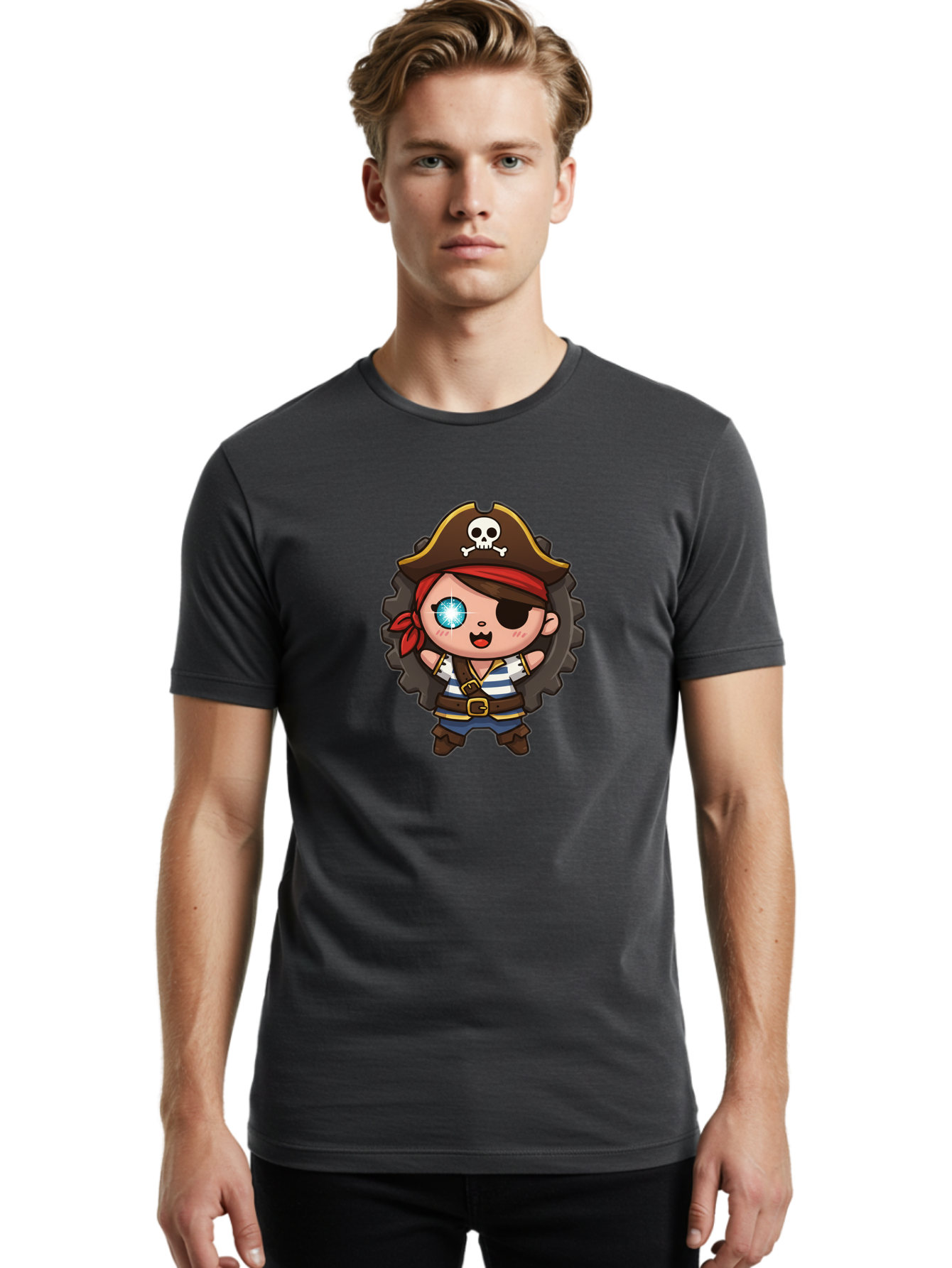 Pirate-Girl Men'S Graphic Tee, 100% Cotton, Comfortable Casual Summer Wear, Machine Washable, Cartoon Pirate Girl, Pirate Costume, Eye Patch, Pirate Hat, Skull And Crossbones, Treasure Hunt, Swashbuckling Adventure, Kawaii Pirate, Bad440 17