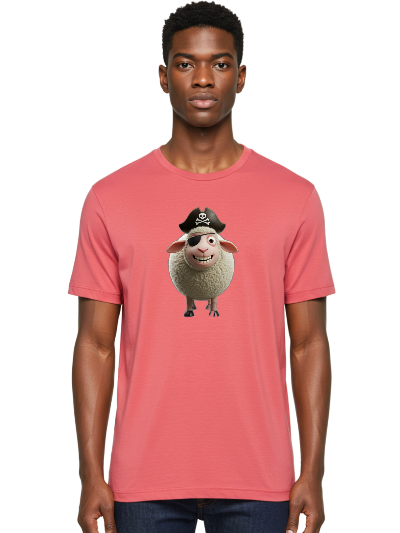 Pirate-Sheep Men'S Graphic Tee, 100% Cotton, Comfortable Casual Summer Wear, Machine Washable, Cartoon Sheep, Pirate Costume, Eye Patch, Skull And Crossbones Hat, Fluffy Sheep, Playful Character, Animated Animal, Pirate Sheep Character, Bad441 21