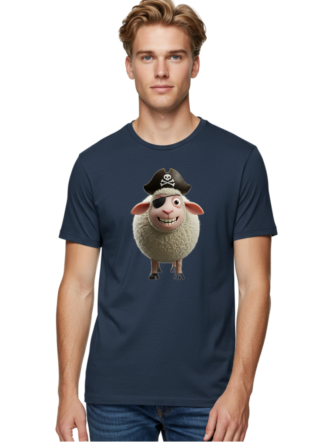 Pirate-Sheep Men'S Graphic Tee, 100% Cotton, Comfortable Casual Summer Wear, Machine Washable, Cartoon Sheep, Pirate Costume, Eye Patch, Skull And Crossbones Hat, Fluffy Sheep, Playful Character, Animated Animal, Pirate Sheep Character, Bad441 23