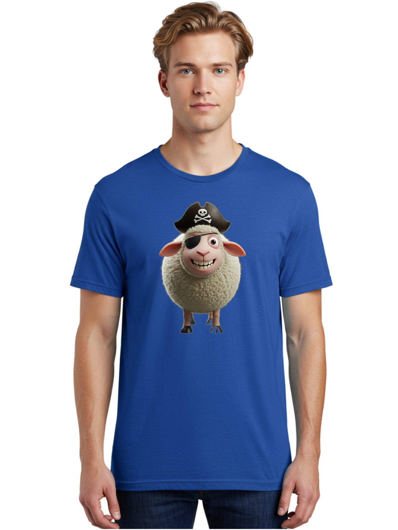 Pirate-Sheep Men'S Graphic Tee, 100% Cotton, Comfortable Casual Summer Wear, Machine Washable, Cartoon Sheep, Pirate Costume, Eye Patch, Skull And Crossbones Hat, Fluffy Sheep, Playful Character, Animated Animal, Pirate Sheep Character, Bad441 24
