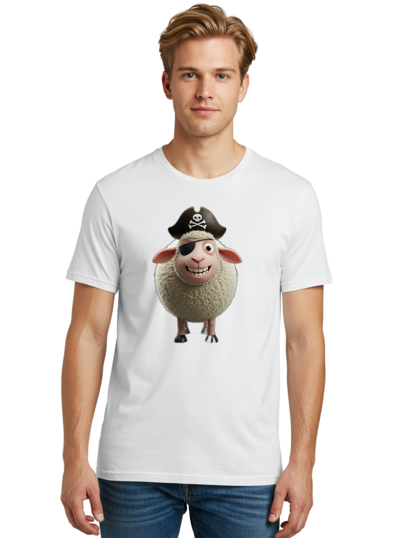 Pirate-Sheep Men'S Graphic Tee, 100% Cotton, Comfortable Casual Summer Wear, Machine Washable, Cartoon Sheep, Pirate Costume, Eye Patch, Skull And Crossbones Hat, Fluffy Sheep, Playful Character, Animated Animal, Pirate Sheep Character, Bad441 25