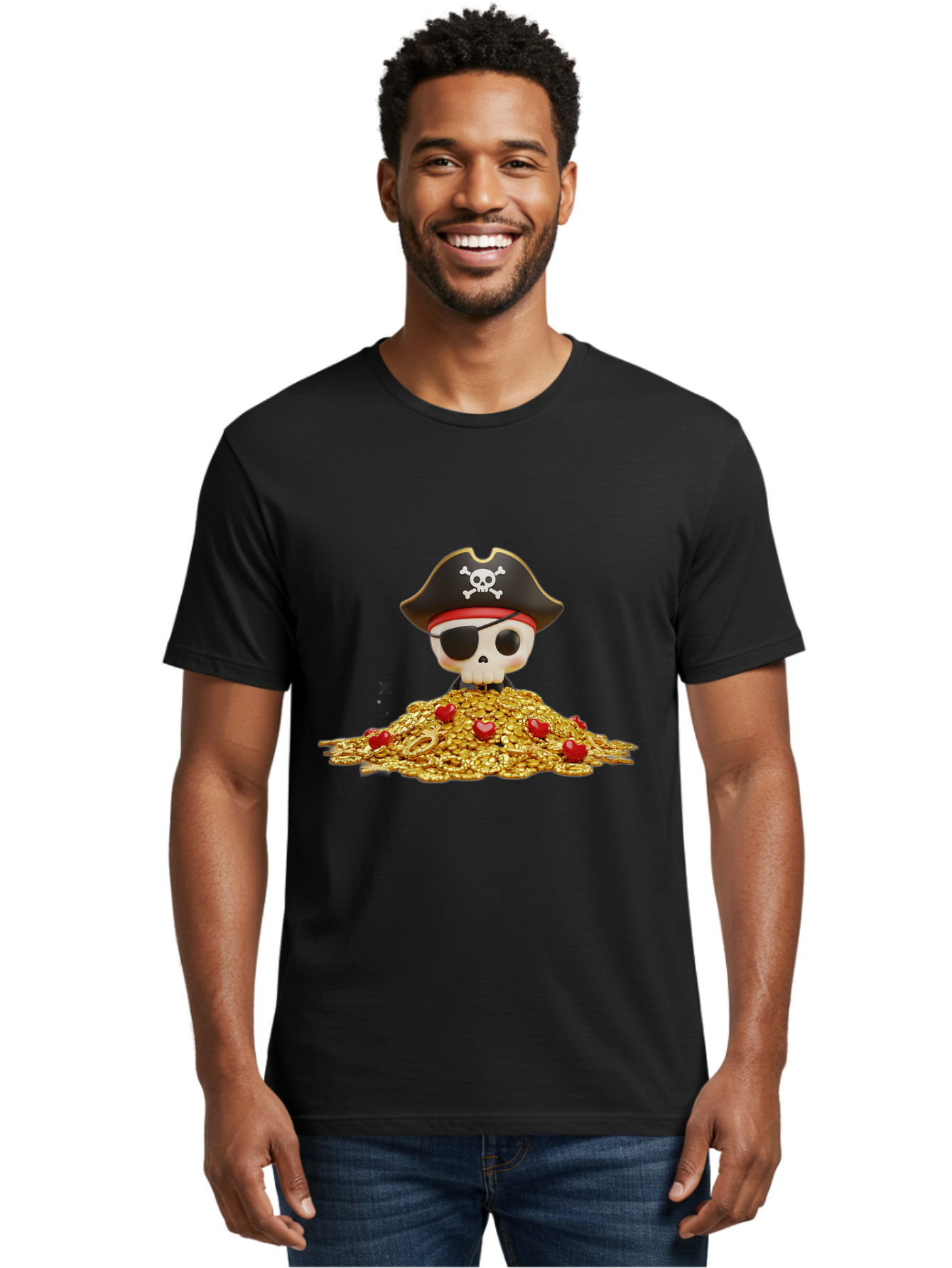 Pirate-Skull Men'S Graphic Tee, 100% Cotton, Comfortable Casual Summer Wear, Machine Washable, Pirate Skull, Treasure Pile, Gold Coins, Jewels, Eye Patch, Pirate Hat, Skull And Crossbones, Pirate Booty, Swashbuckling Adventure, Treasure Hunt, Bad442 17