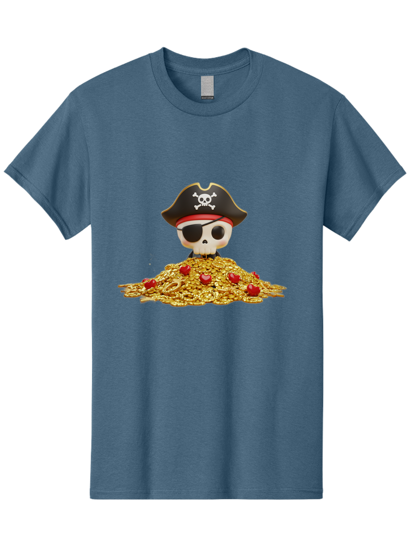 Pirate-Skull Men'S Graphic Tee, 100% Cotton, Comfortable Casual Summer Wear, Machine Washable, Pirate Skull, Treasure Pile, Gold Coins, Jewels, Eye Patch, Pirate Hat, Skull And Crossbones, Pirate Booty, Swashbuckling Adventure, Treasure Hunt, Bad442 5