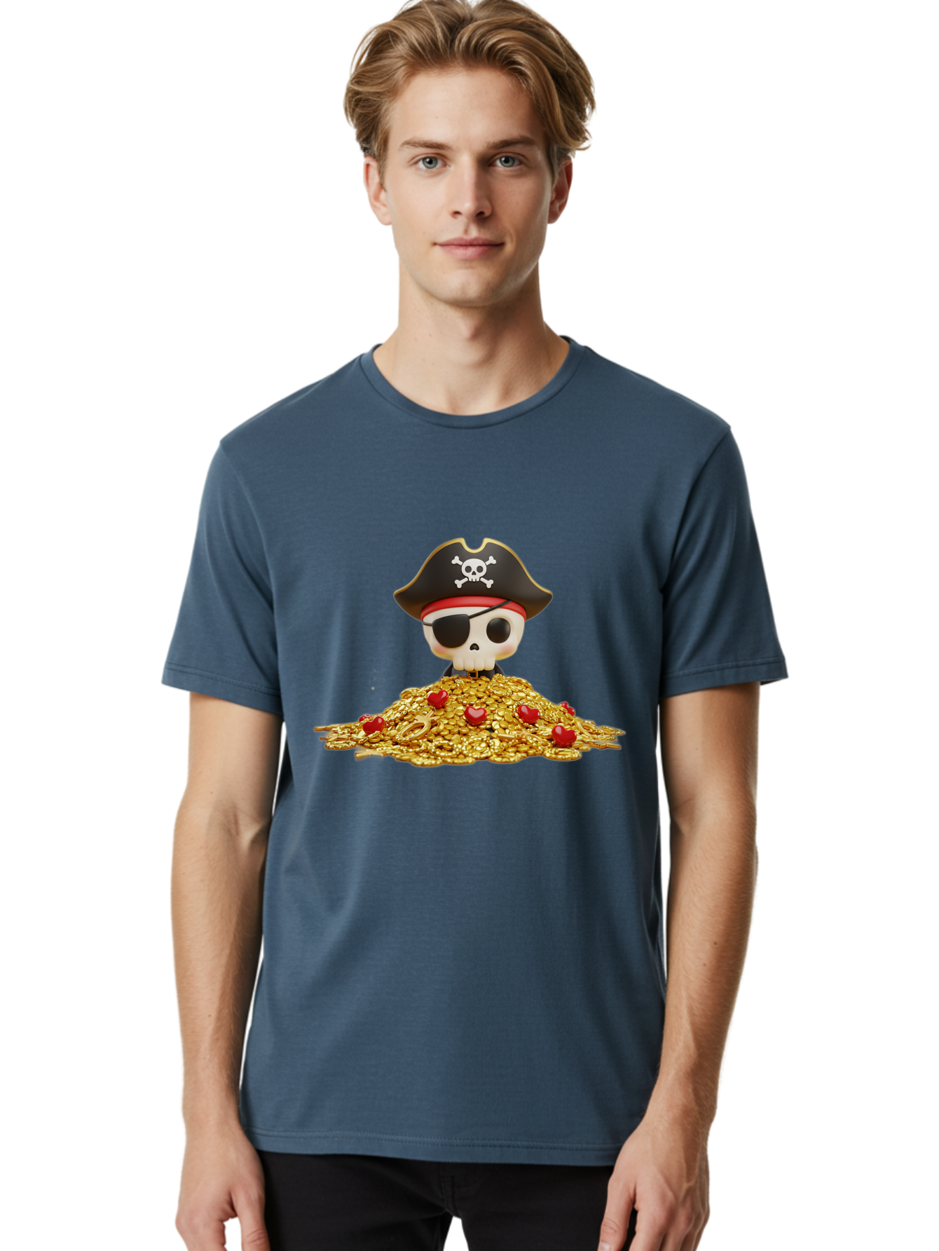 Pirate-Skull Men'S Graphic Tee, 100% Cotton, Comfortable Casual Summer Wear, Machine Washable, Pirate Skull, Treasure Pile, Gold Coins, Jewels, Eye Patch, Pirate Hat, Skull And Crossbones, Pirate Booty, Swashbuckling Adventure, Treasure Hunt, Bad442 20