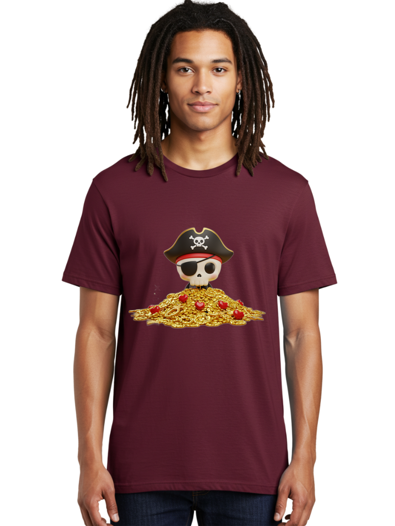 Pirate-Skull Men'S Graphic Tee, 100% Cotton, Comfortable Casual Summer Wear, Machine Washable, Pirate Skull, Treasure Pile, Gold Coins, Jewels, Eye Patch, Pirate Hat, Skull And Crossbones, Pirate Booty, Swashbuckling Adventure, Treasure Hunt, Bad442 25