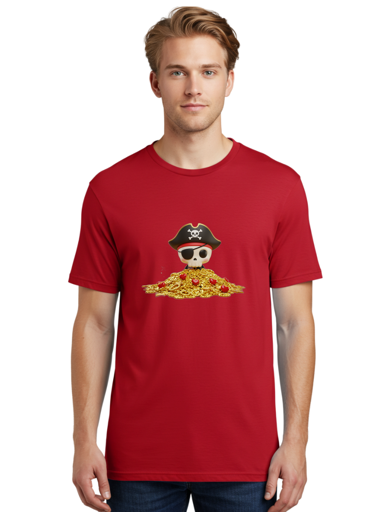 Pirate-Skull Men'S Graphic Tee, 100% Cotton, Comfortable Casual Summer Wear, Machine Washable, Pirate Skull, Treasure Pile, Gold Coins, Jewels, Eye Patch, Pirate Hat, Skull And Crossbones, Pirate Booty, Swashbuckling Adventure, Treasure Hunt, Bad442 22