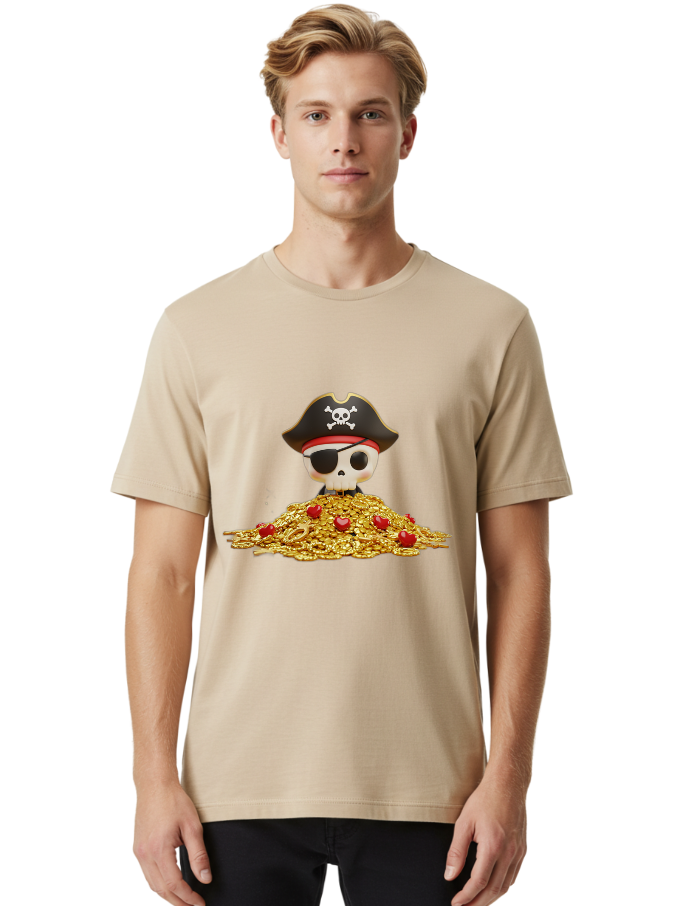 Pirate-Skull Men'S Graphic Tee, 100% Cotton, Comfortable Casual Summer Wear, Machine Washable, Pirate Skull, Treasure Pile, Gold Coins, Jewels, Eye Patch, Pirate Hat, Skull And Crossbones, Pirate Booty, Swashbuckling Adventure, Treasure Hunt, Bad442 23