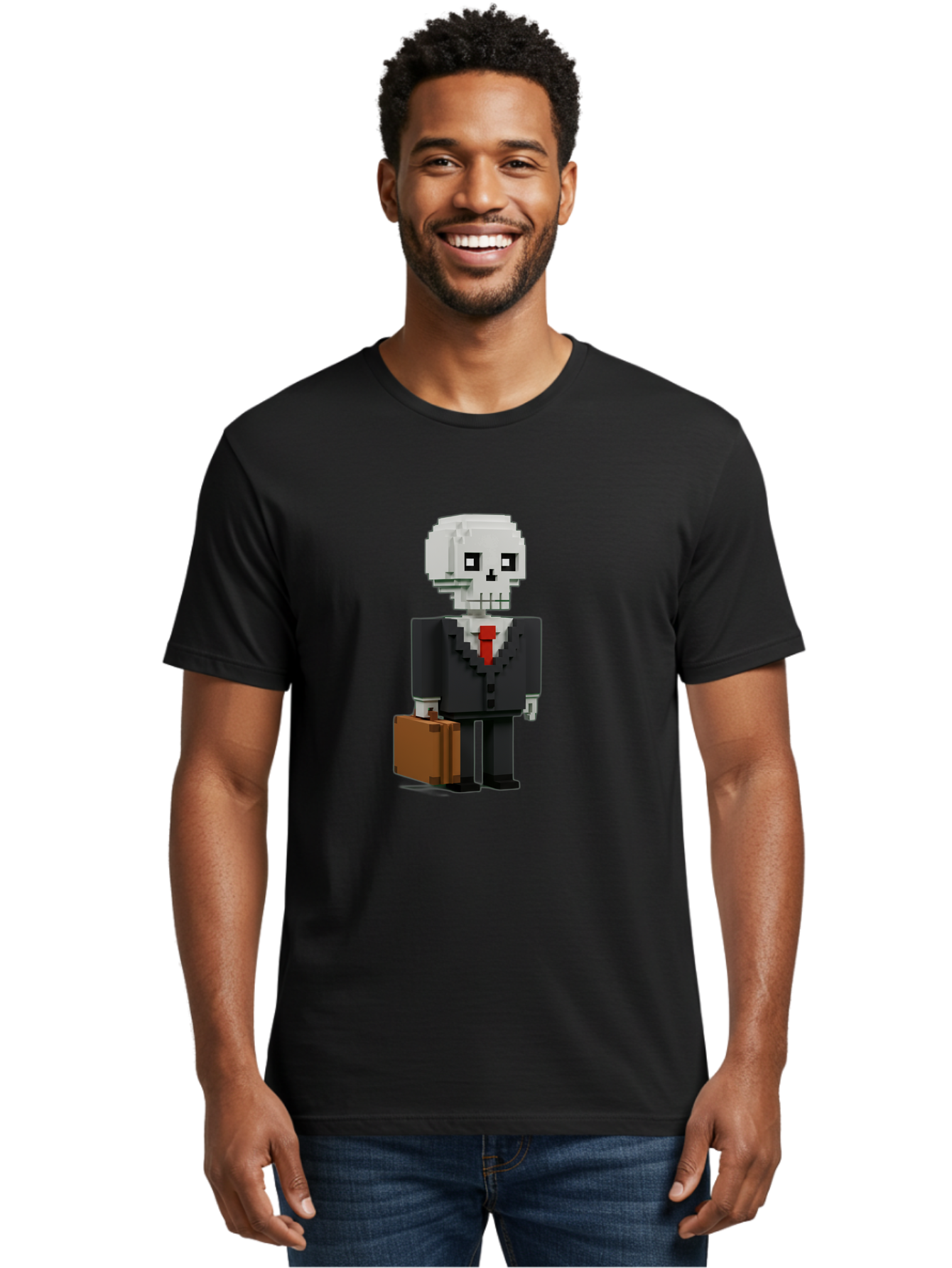Pixel-Skull-Businessman Men'S Graphic Tee, 100% Cotton, Comfortable Casual Summer Wear, Machine Washable, Pixel Art Skeleton, Skull Character, Business Attire, Black Suit, Red Tie, Briefcase, Video Game Style, Cartoon Character, Bad443 26