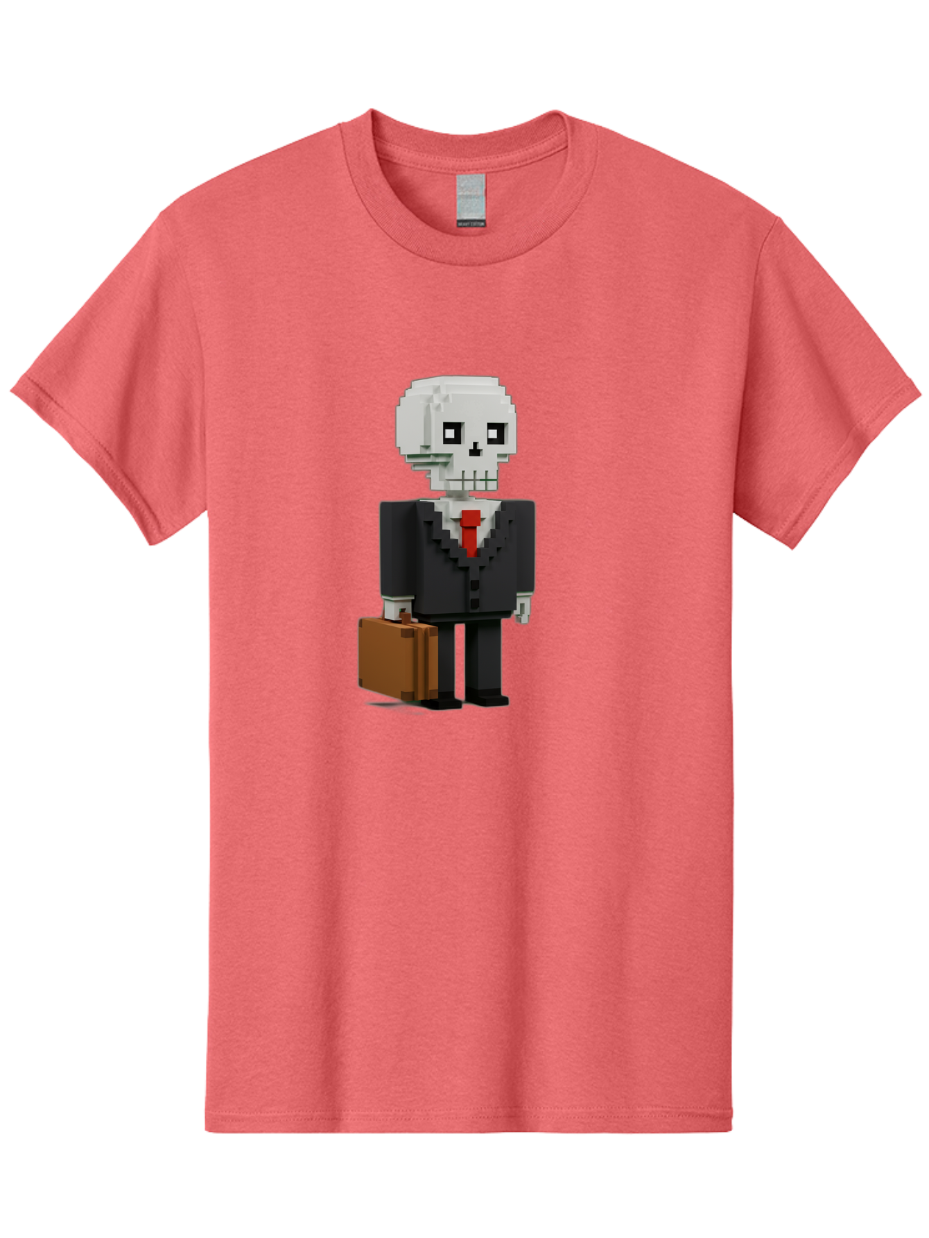 Pixel-Skull-Businessman Men'S Graphic Tee, 100% Cotton, Comfortable Casual Summer Wear, Machine Washable, Pixel Art Skeleton, Skull Character, Business Attire, Black Suit, Red Tie, Briefcase, Video Game Style, Cartoon Character, Bad443 3