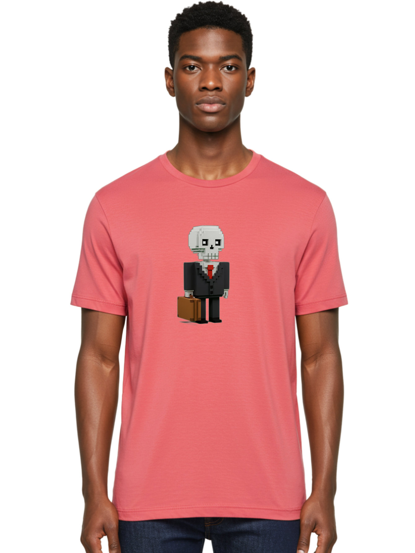 Pixel-Skull-Businessman Men'S Graphic Tee, 100% Cotton, Comfortable Casual Summer Wear, Machine Washable, Pixel Art Skeleton, Skull Character, Business Attire, Black Suit, Red Tie, Briefcase, Video Game Style, Cartoon Character, Bad443 18
