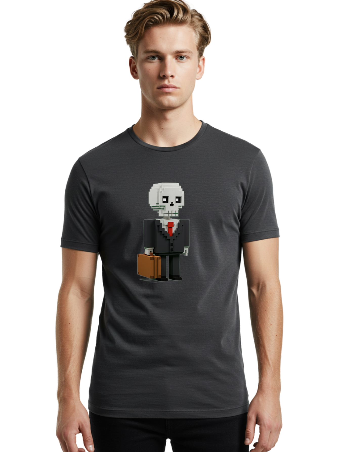 Pixel-Skull-Businessman Men'S Graphic Tee, 100% Cotton, Comfortable Casual Summer Wear, Machine Washable, Pixel Art Skeleton, Skull Character, Business Attire, Black Suit, Red Tie, Briefcase, Video Game Style, Cartoon Character, Bad443 22