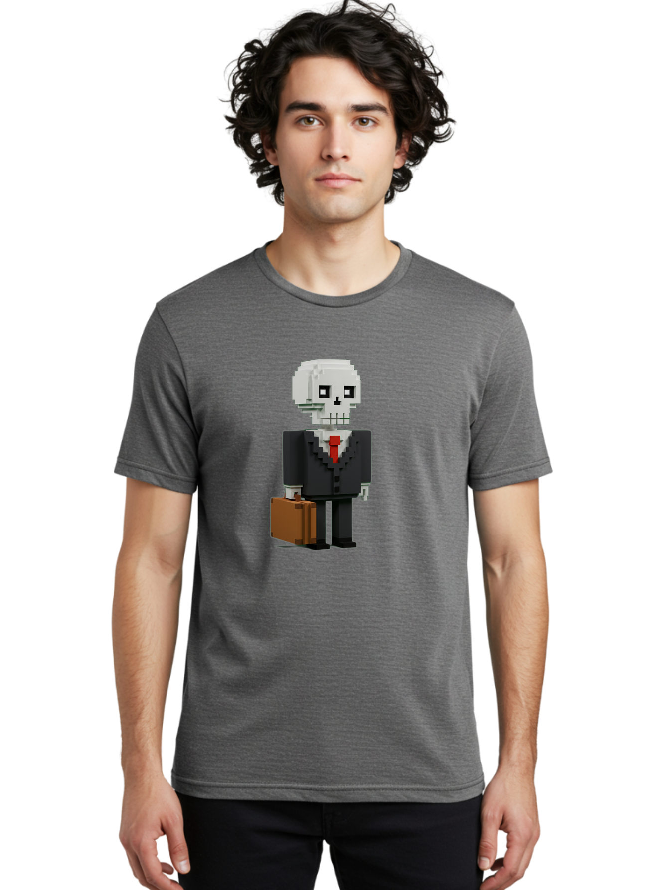 Pixel-Skull-Businessman Men'S Graphic Tee, 100% Cotton, Comfortable Casual Summer Wear, Machine Washable, Pixel Art Skeleton, Skull Character, Business Attire, Black Suit, Red Tie, Briefcase, Video Game Style, Cartoon Character, Bad443 25