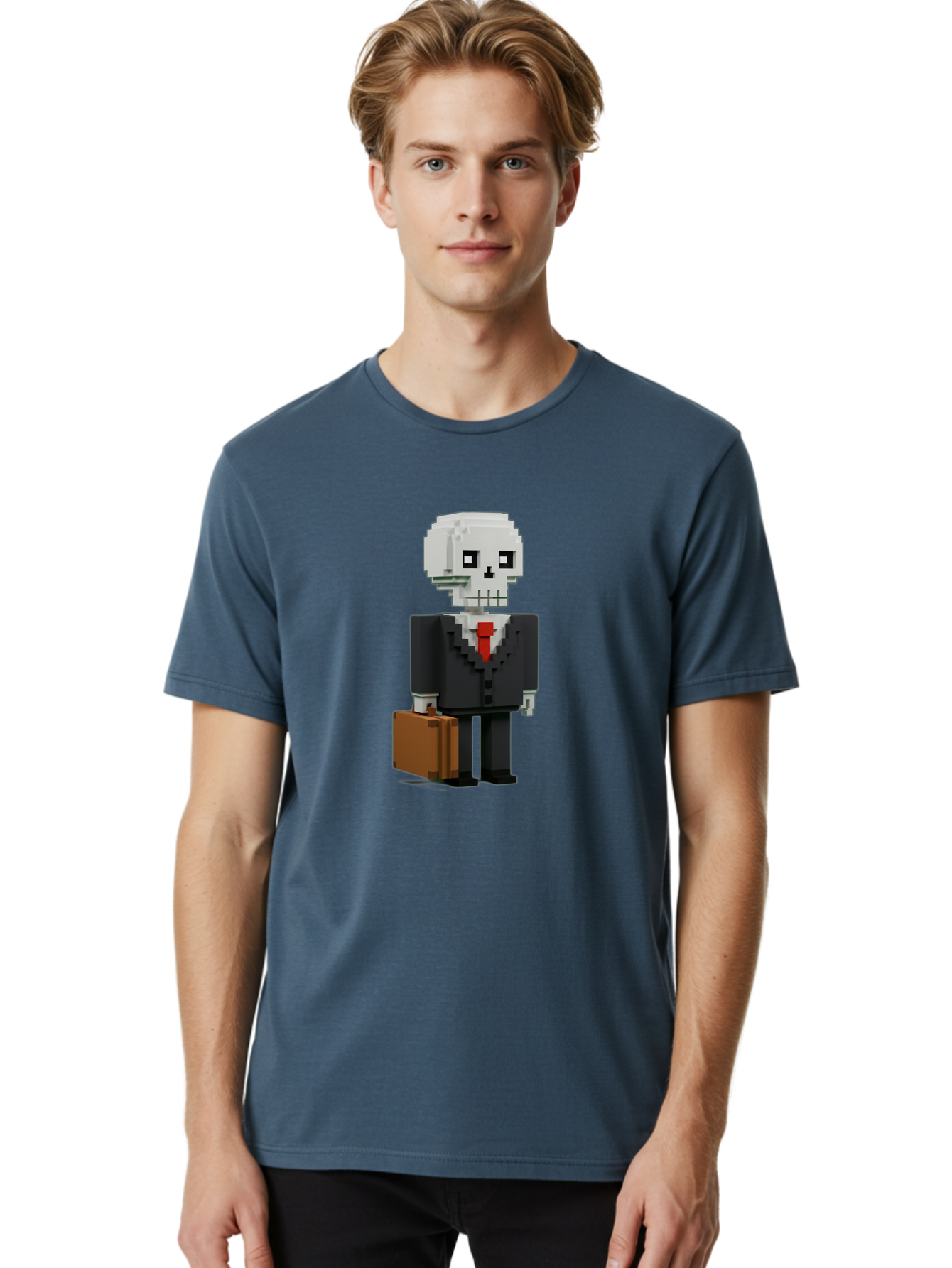 Pixel-Skull-Businessman Men'S Graphic Tee, 100% Cotton, Comfortable Casual Summer Wear, Machine Washable, Pixel Art Skeleton, Skull Character, Business Attire, Black Suit, Red Tie, Briefcase, Video Game Style, Cartoon Character, Bad443 16